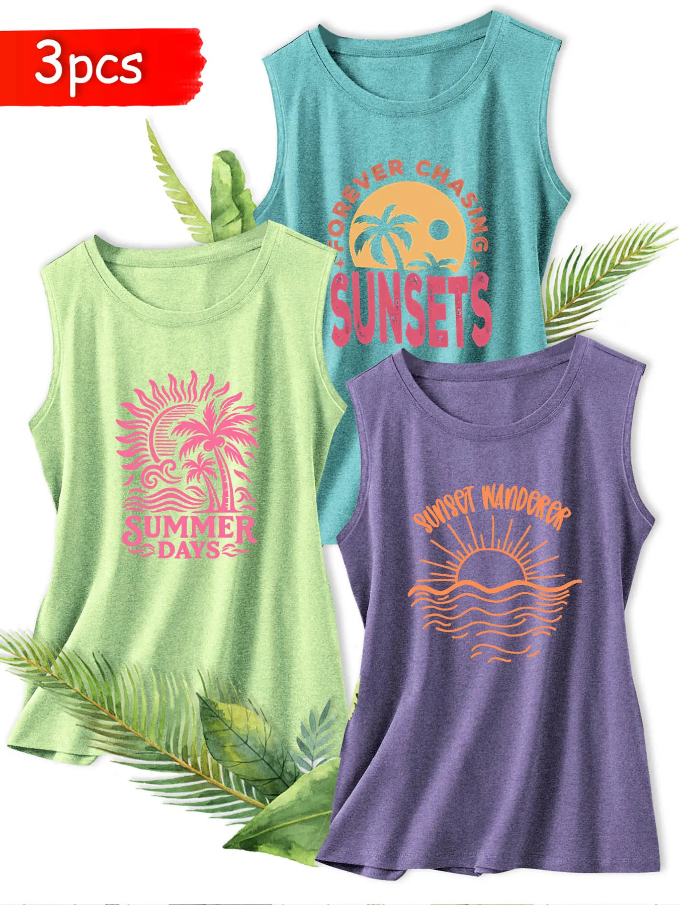 3PCS Women Crew Neck Casual Sleeveless Knit Beach Tank, Summer Palm Sunset Slogan Print, multi-color, washable, soft summer top