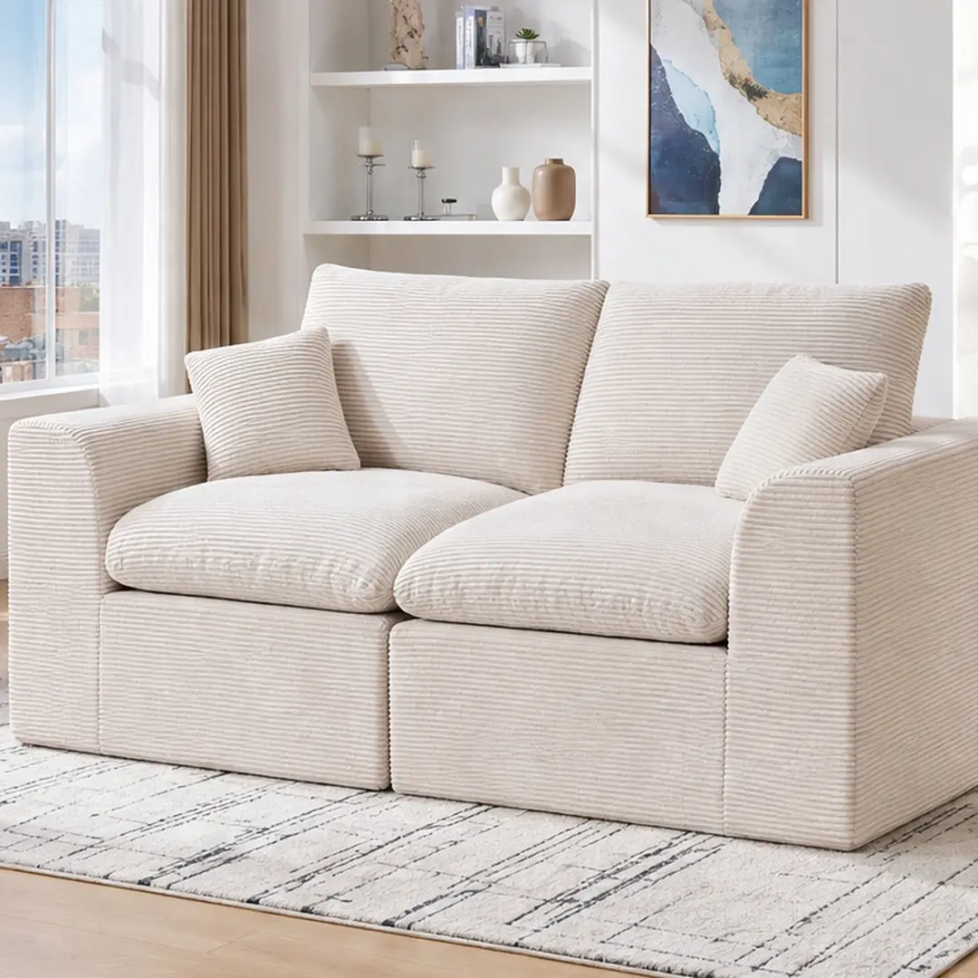 Beige 2-Seater Convertible Modular Sectional Sofa (2-Pieces), Comfy Corduroy Cloud Couch with Curved Arms, High-Density Foam Support, Removable Cushion Covers, No-Assembly Indoor Furniture | Beige Sectional Sofas & Couches