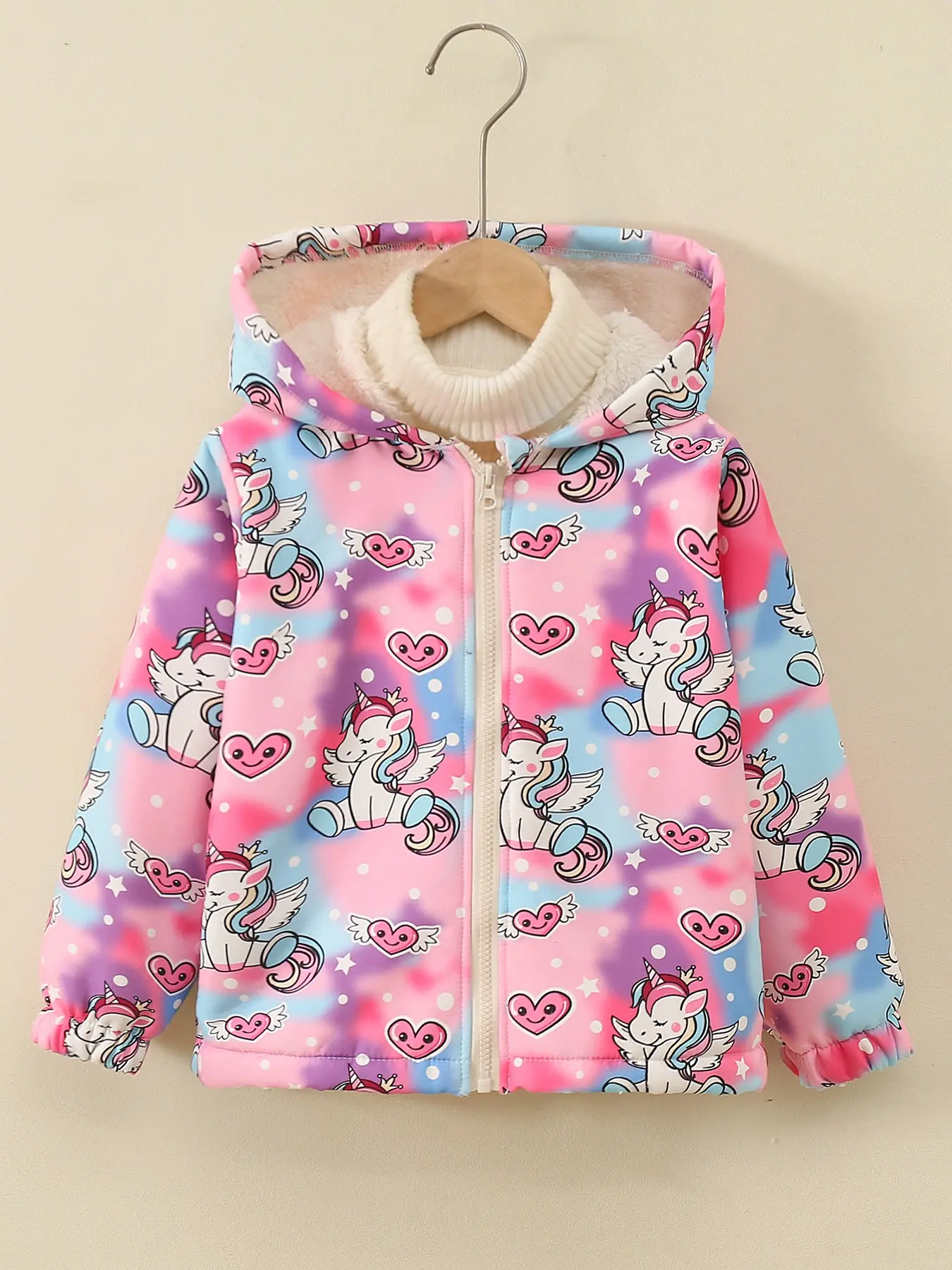New Fashion Girls' Hooded Fleece Jacket, Tie-Dye Cartoon Plaid Multi-Color Coat, Lined Zipper Hood Design, Perfect for School and Outdoor Activities