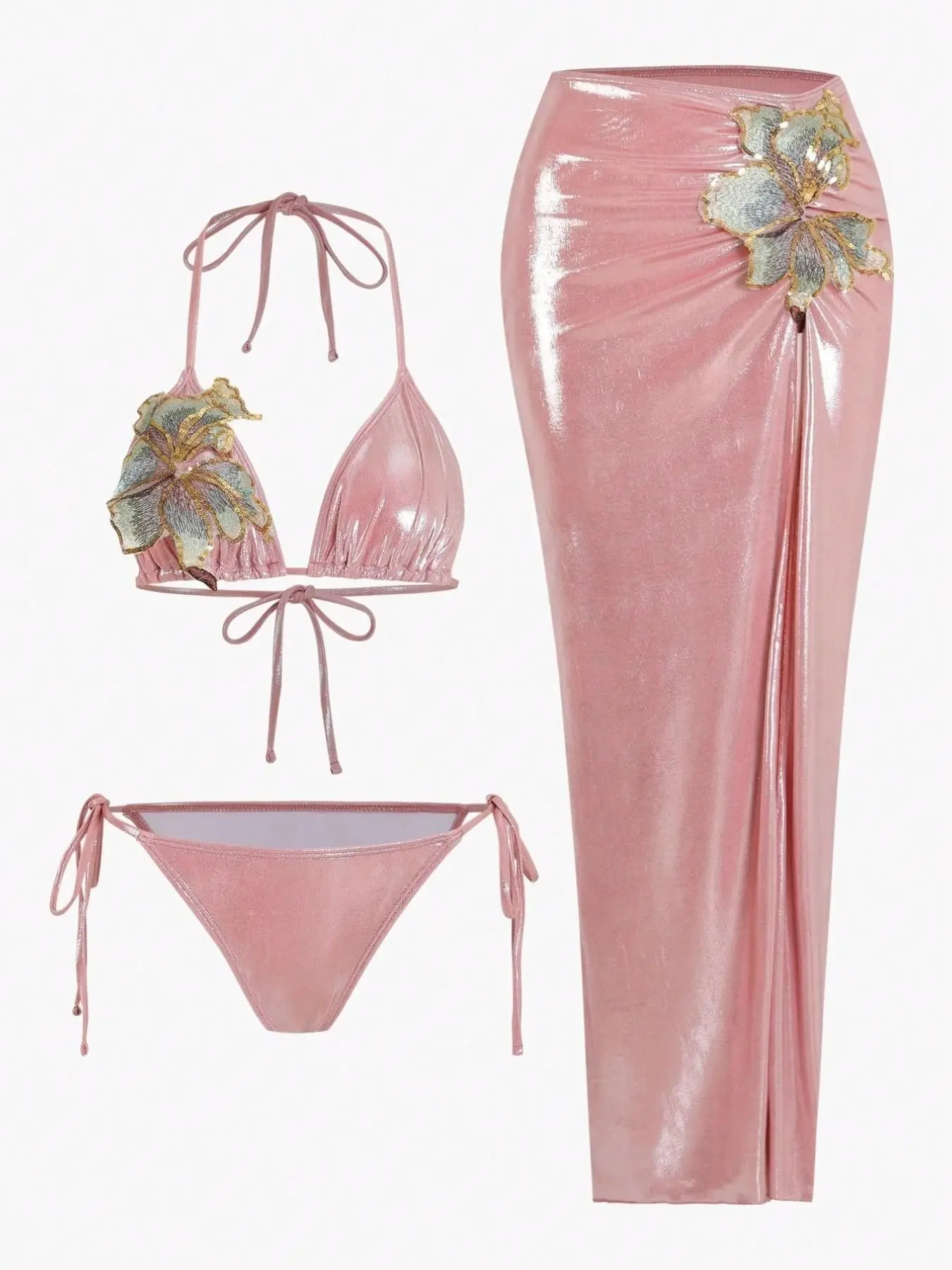Women's 3D Floral Bright Bikini Set, Summer Beach, Tie-Back Top, Side-Tie Swim Shorts, High-Slit Cover-Up Dress, Floral Bikini Swimsuit