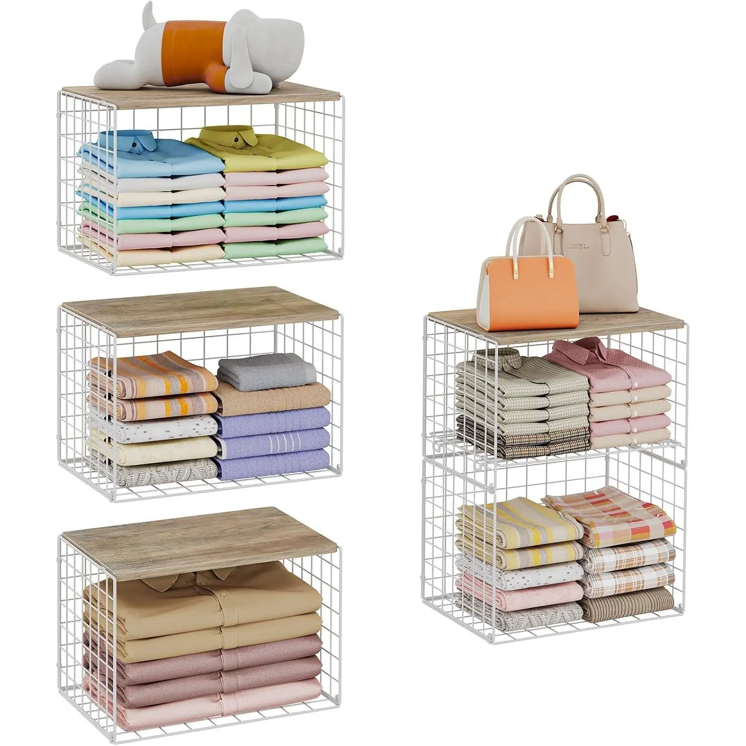 5 Pack Extra-Long Closet Organizers and Storage with Ajustable Shelf, Stackable Closet Shelf Organizer, Double Storage Design Clothes Storage Cube/Bin Organizer for Wardrobe, Space-Saving, White