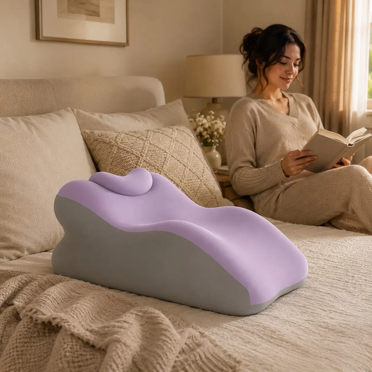 Double Person Home Comfort Curved Supportive Backrest Lumbar Pillow with Cushion, Multi-Curved Surface, Washable Cover, Durable Soft Pad Cdxz-31
