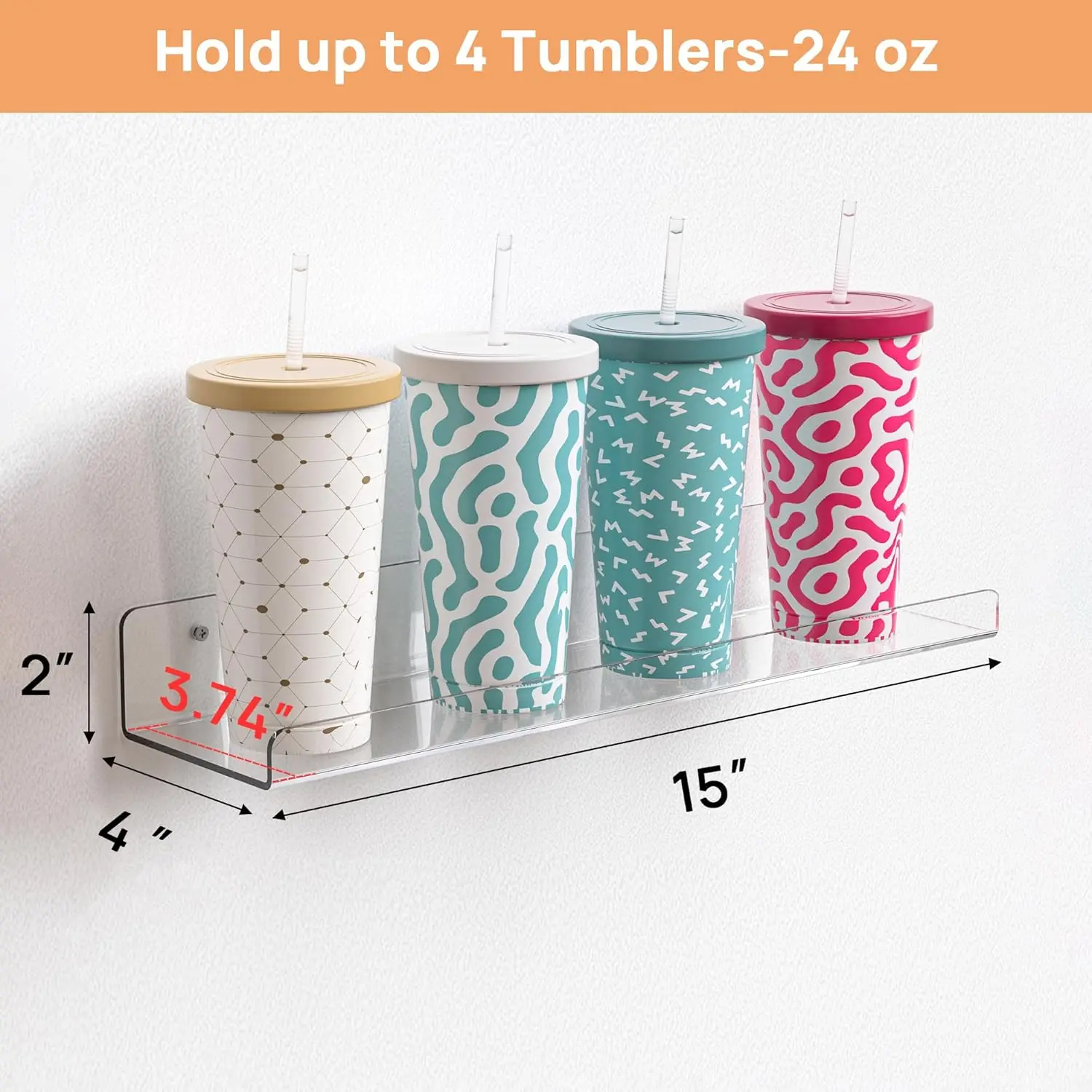 4 Pcs 15" Acrylic Shelves for Wall Storage and Organizer, Clear Transparent Design Highlights Skincare, Versatile Floating Shelves for Bathroom, Bedroom and Playroom
