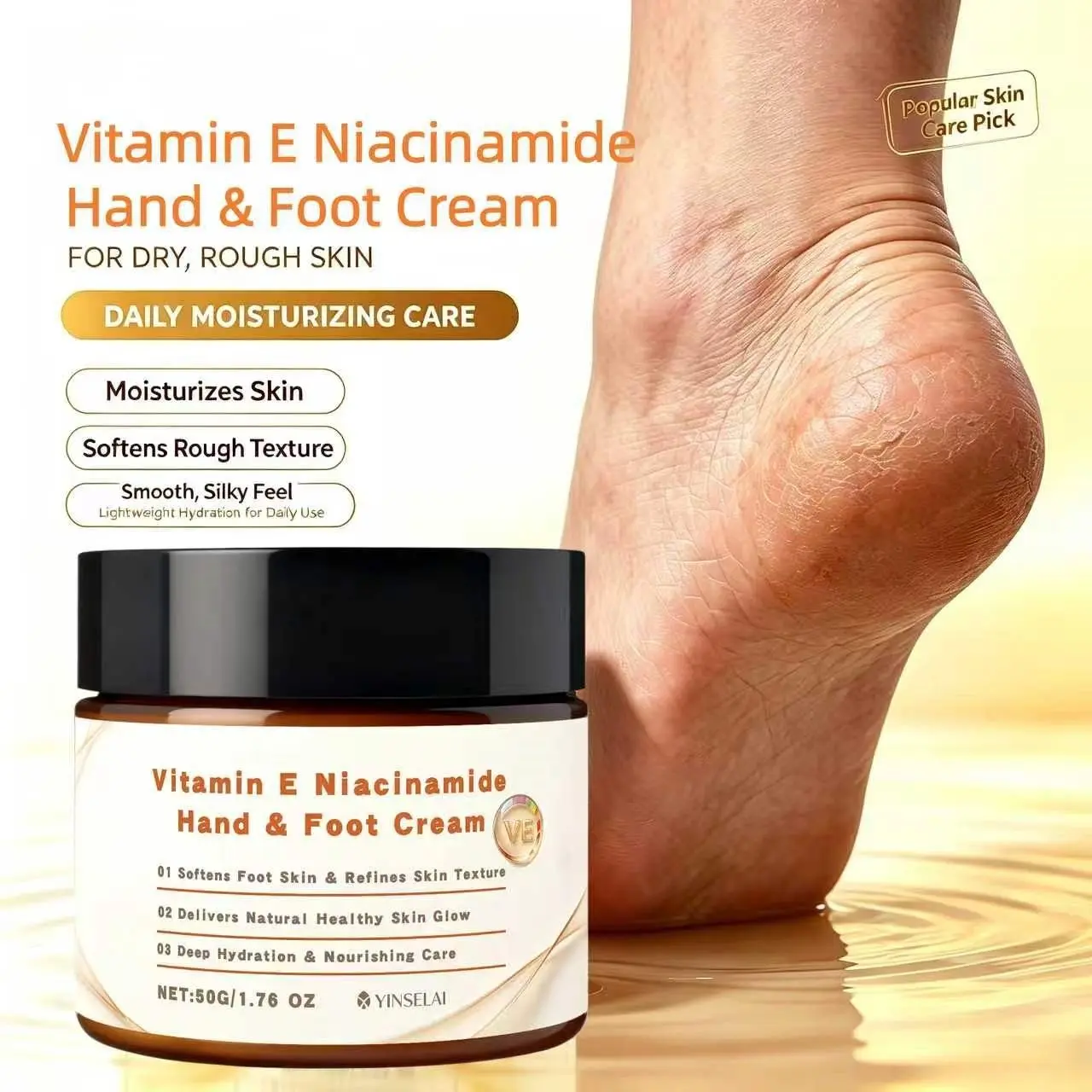 Vitamin E Niacinamide Hand & Foot Cream, Deep Moisturizing & Brightening, for Dry Cracked Heels, Softens Skin, Care 50g