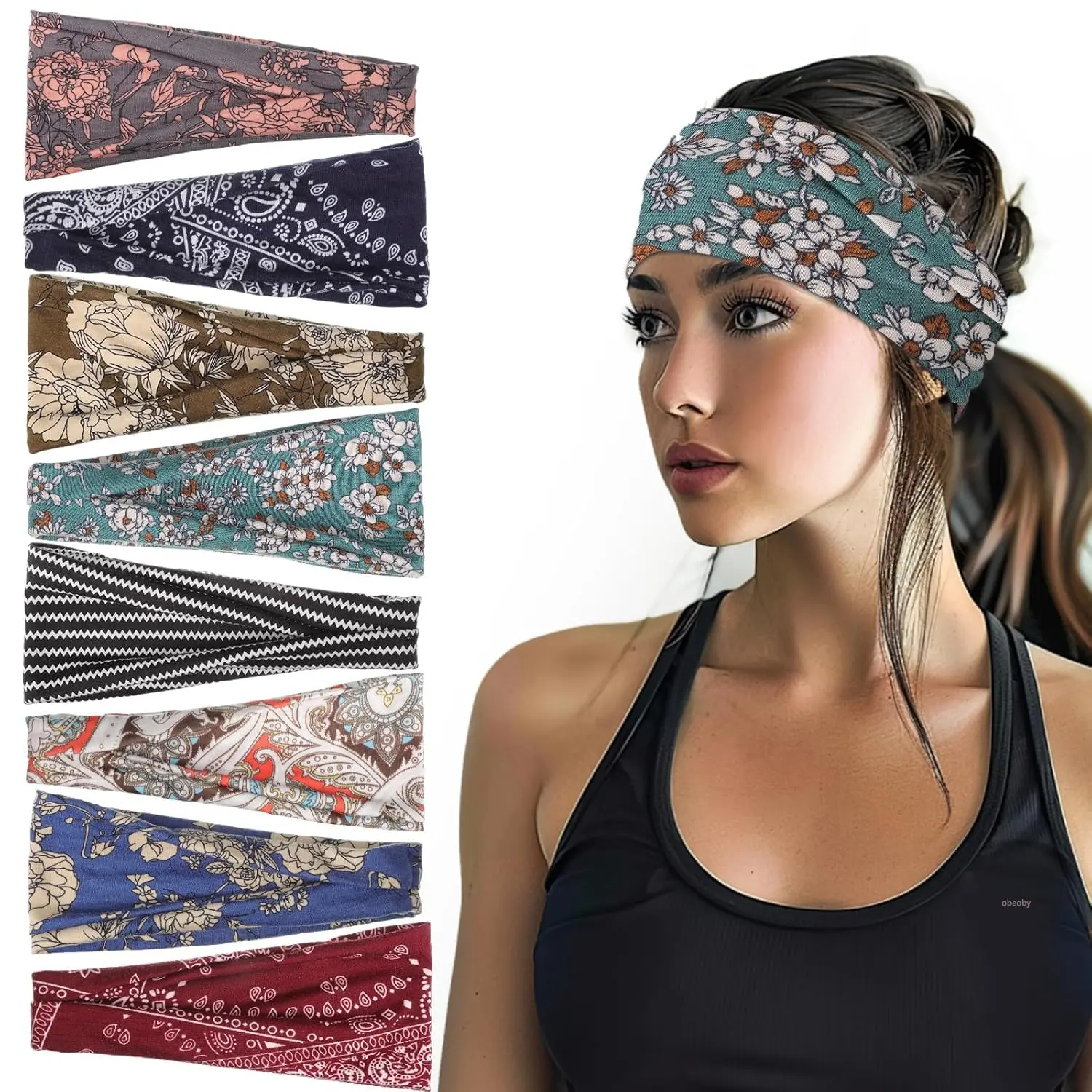 Boho Headbands for Hippie Clothes, 8 Pack Women's Fashion Headbands |   Non-Slip ,breathable polyester, stretch fit, assorted prints, for daily wear, yoga, running, travel