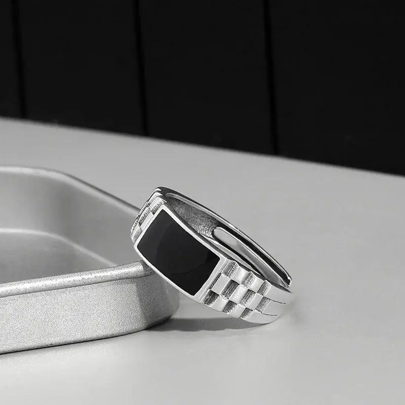 Men's Adjustable Crystal Black Rectangle Band-Shaped Ring - Black Metal Crystal Fashion Jewelry for Wedding Finger Accessories, Crystal Rings, Black Metal Rings