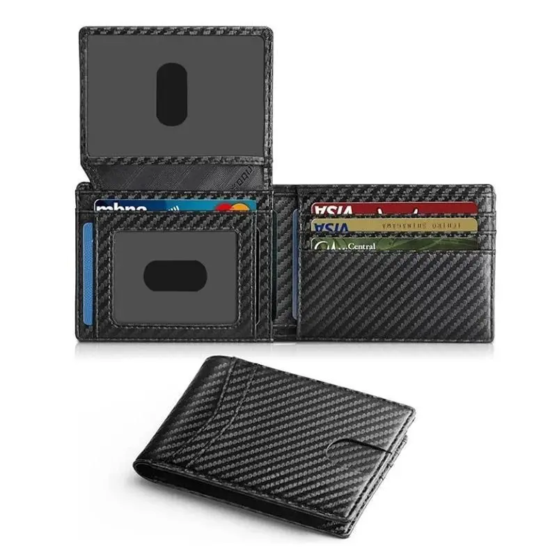 Men's Carbon Fiber Accent RFID Bifold Leather Wallet - Ultra Thin, Multi-Card, ID Window, Secure Storage Purse with Funky, Romantic, Glamorous, Ethnic, Auspicious Style Elements, Bifold/Trifold Wallet, Business, Men's Wallet
