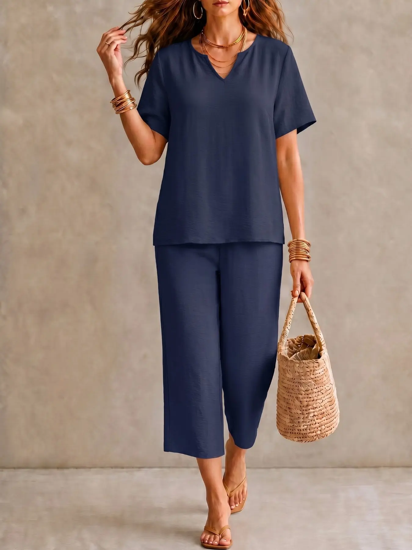 Women's V-Neck Short Sleeve Shirt Set, Wide Leg Pants with Elastic Waist, Solid Color Casual Minimalist Comfortable, Ideal for Daily Wear