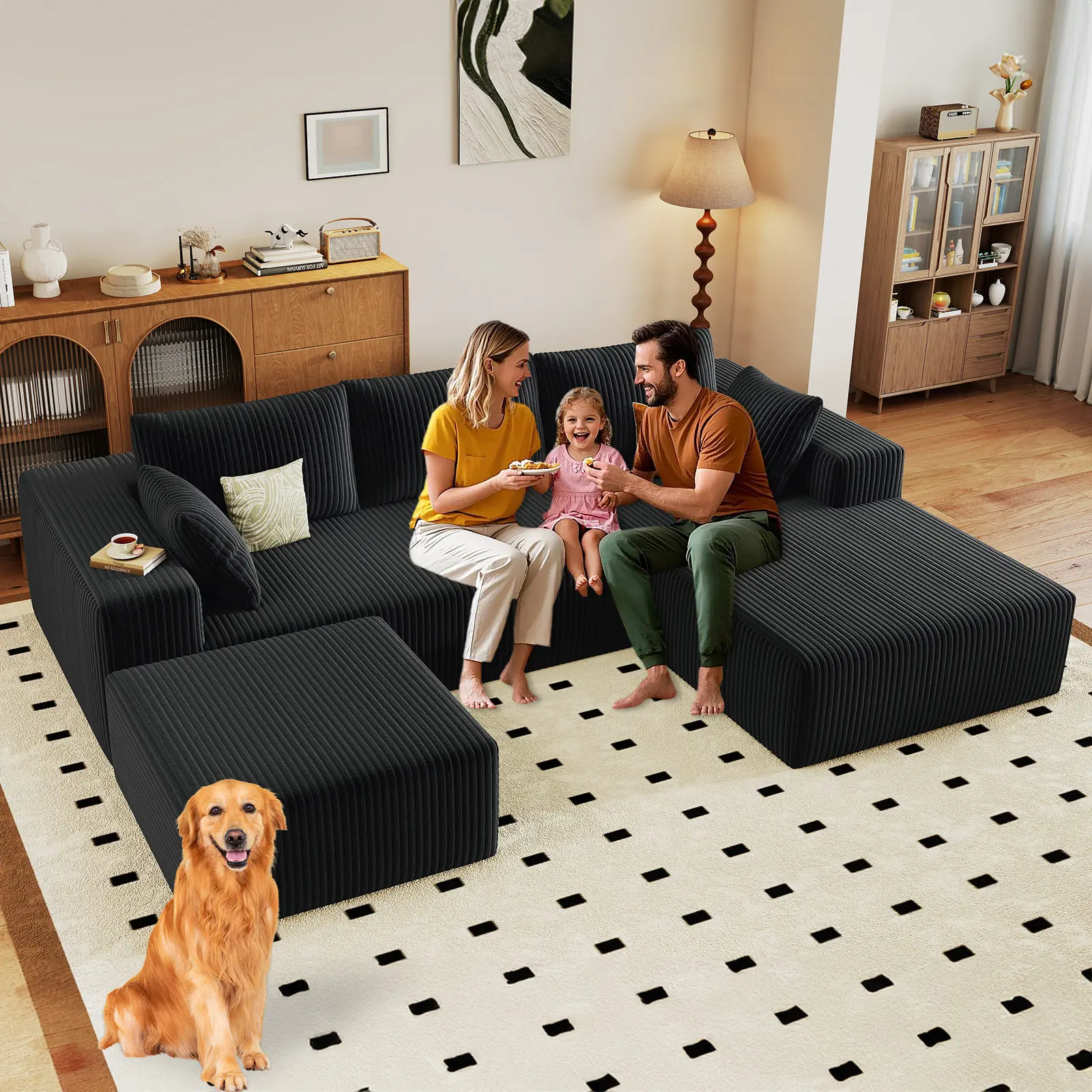 KAIA 96 in Modern Extendable Corduroy Cloud Sectional Sofa - U-Shaped Modular Sleeper Couch with Double Chaise & Ottoman, No Assembly Required, 2 Packages Shipping, Sectional Couch