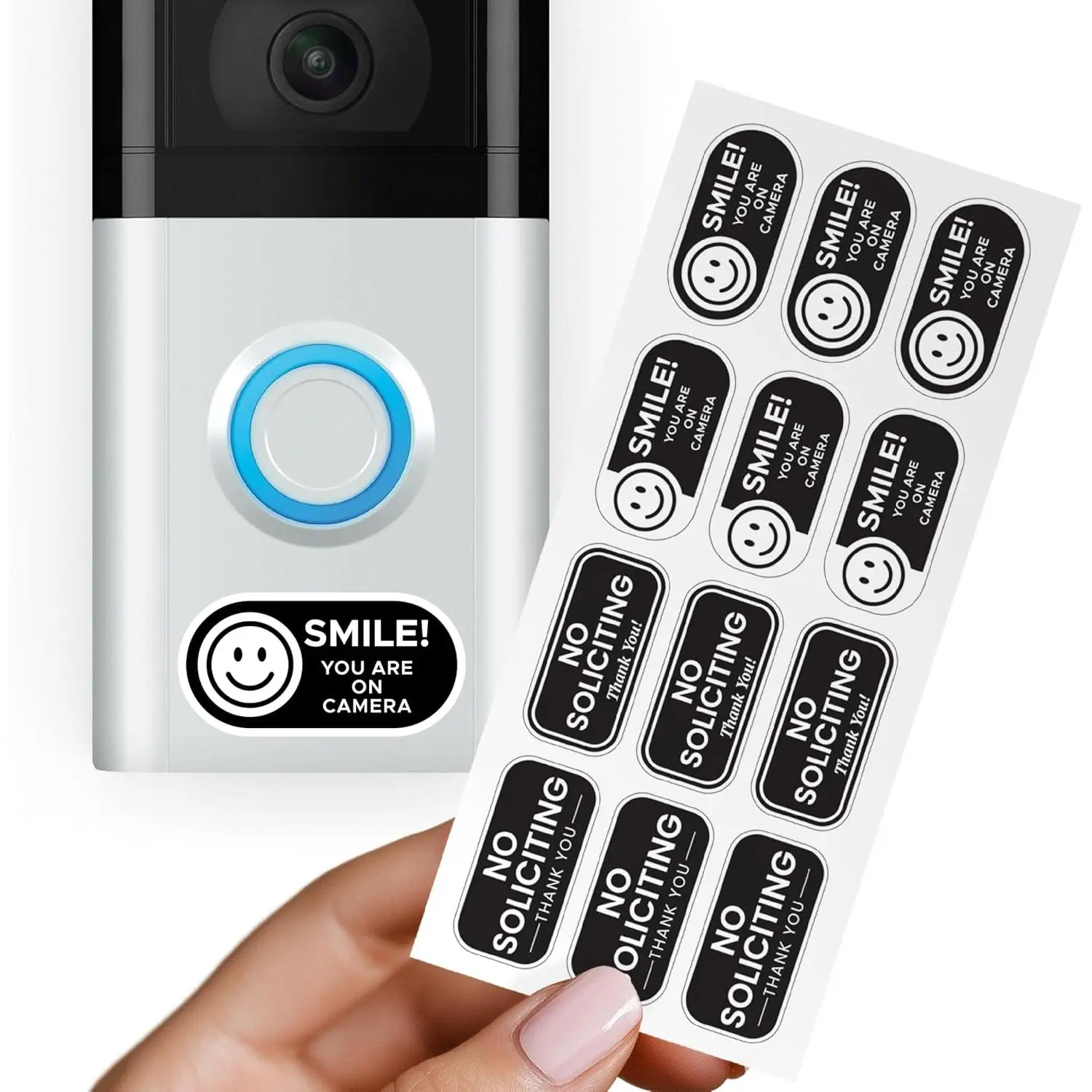 No Soliciting Doorbell Stickers - 12-Sticker Sheet Pack with 4 Different Designs, Deterring Visitors, Weatherproof - Featuring Thank You or Smile You Are on Camera Messages for Video Doorbells