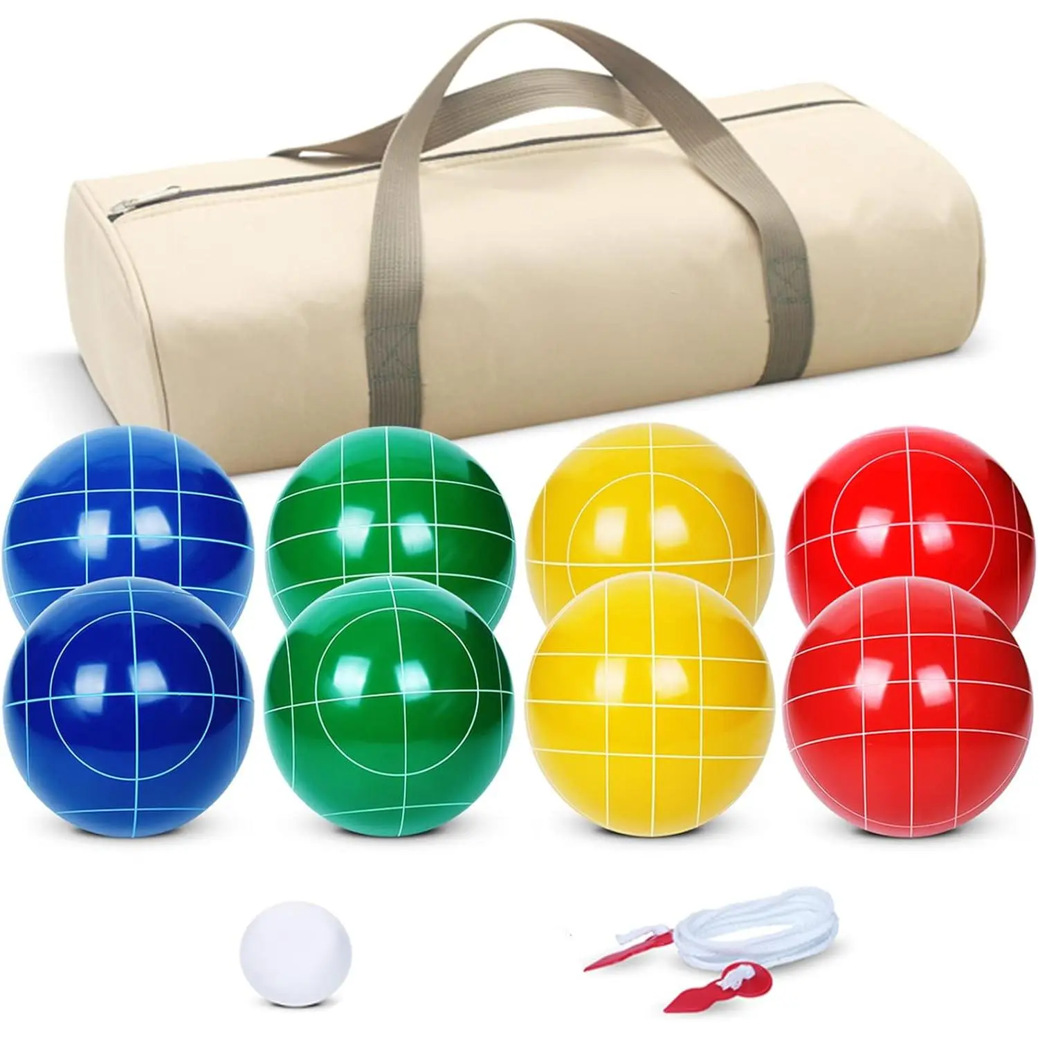 100mm Regulation Size Weight Resin Bocce Ball Set - 8 Bochie Balls, Pallino, Waterproof Carrying Bag, Measuring Rope - Gift for Family, Friends, Party - Beach, Grass Lawn Games (Multi Colors, 2-8 Players)