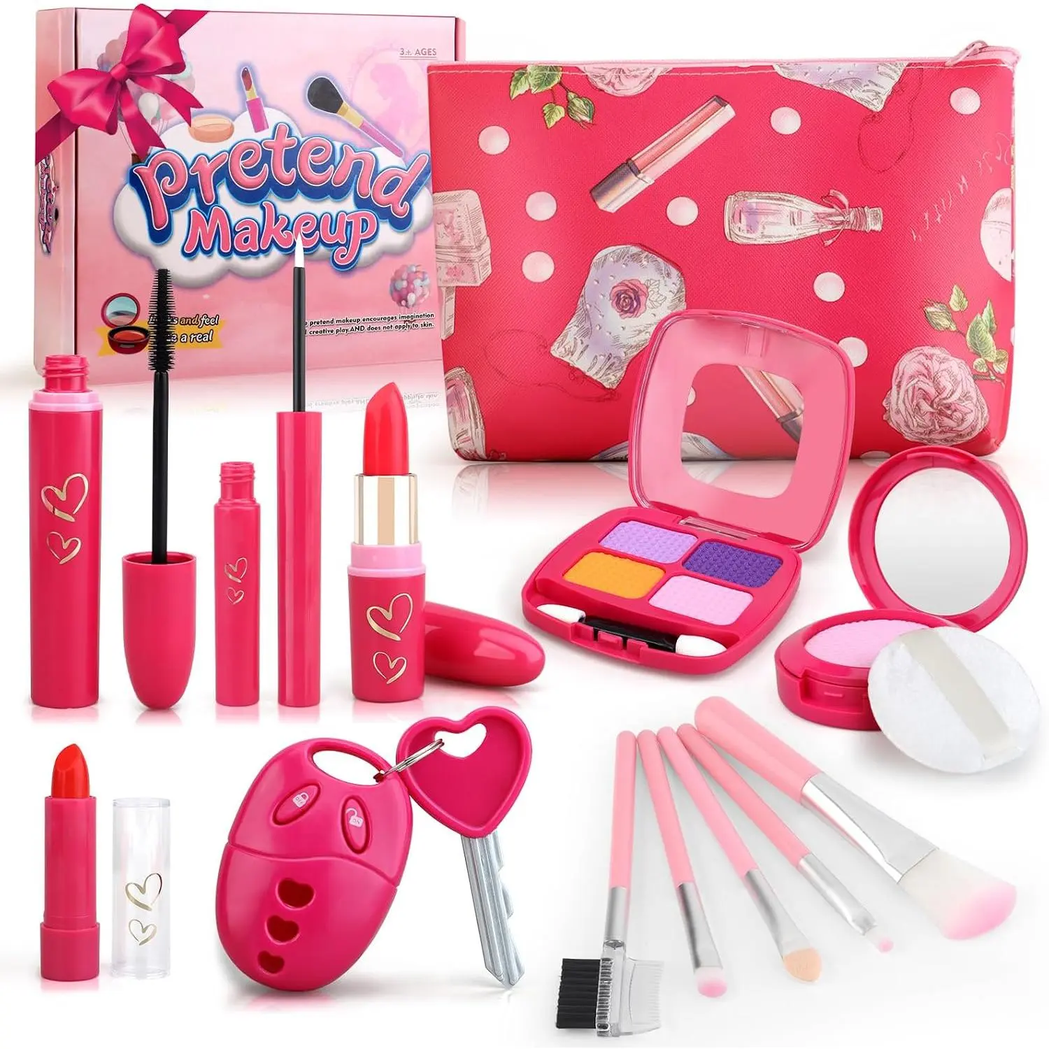Toddler Girl Toys, Pretend Makeup Kit for Girls 3-5 Birthday Gift | Play Makeup Set for Kids 3-5 4-6, Toddler Makeup Kit with Fake Makeup Set, Car Key & Make up Toy for Age 3 4 5 Year Old Girl