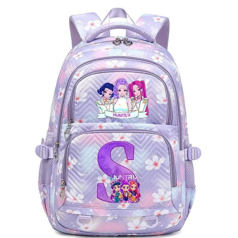 KPOP Cartoon Letter S Print Backpack for Teen Girls Kids, Pastel Purple Cherry Blossom Chevron Quilted Large Capacity Student School Backpack, Lightweight Water Resistant Multi-Pocket Korean Style Daypack, Breathable Padded Strap Shoulder Bag #YEY