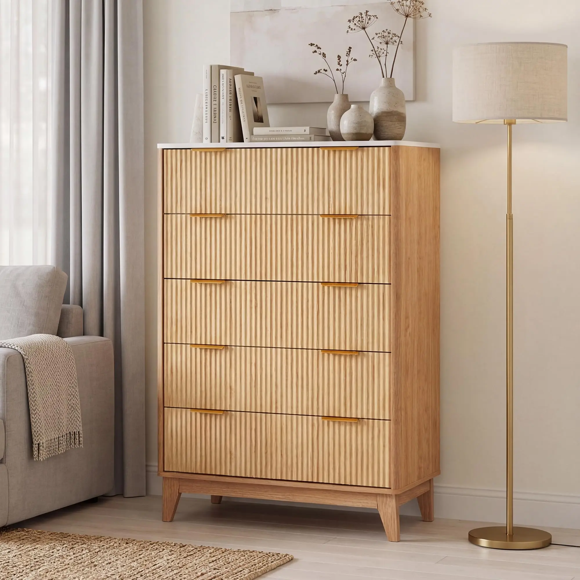 5-Drawer Rounded Corner Chest, Modern Wavy Front Dresser with Spacious Drawers, Safe Rounded Edges