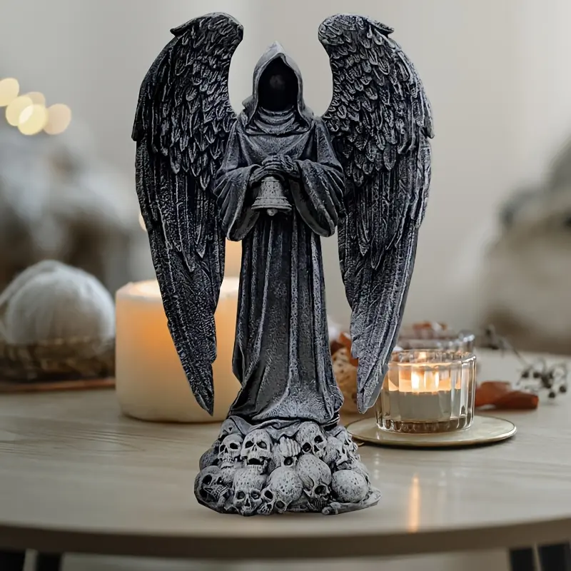 Vintage Gothic Angel Statue with Bell, Resin Weathered Look Figurine, Halloween Tabletop Decor and Outdoor Garden Ornament for Patio, Yard, Office and Home