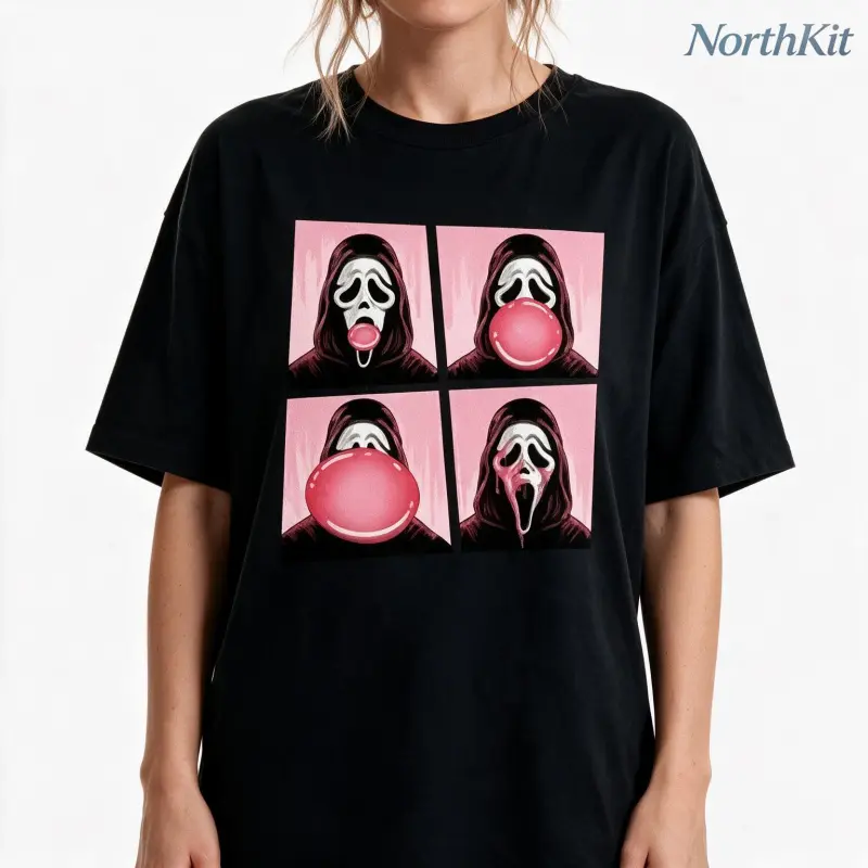 Women's Ghostface Graphic T-Shirt, Vintage Fitted Halloween Tee in a Spandex Blend, Casual Clothes for Women for Denim & Jacket Layering, Smooth, Graphic Tee