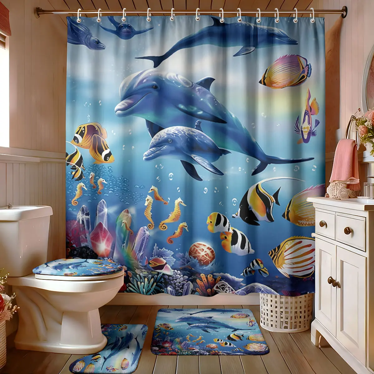 4PCS Underwater World Dolphin Fish Cute Shower Curtain Set for Bathroom, including a non-slip mat, toilet seat, and bath mat. A modern bathroom decoration, featuring a bathroom set with 12 hooks.