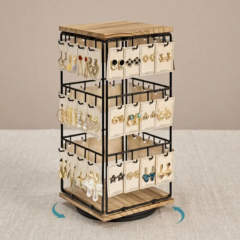Pagoda-Shape Jewelry Storage Rack - 360-Degree Rotating Necklace Holder Organizer, Compact Desktop Display Stand with Max 48 Hooks for Earrings, Bracelets, Rings, Hair Accessories, Bead Storage