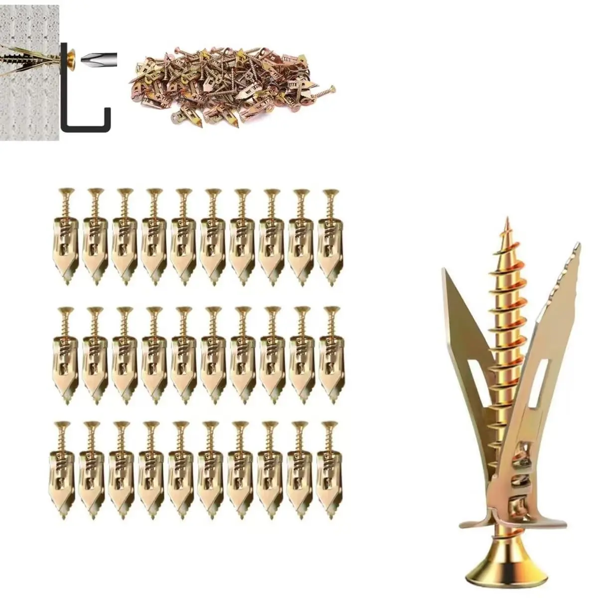 240Pcs Carbon Steel Ribbed Drywall Self-Drilling Anchors with Zinc Screws Kit - No Drill/Holes Needed, Durable & Reliable, 66lbs Hold, Tapered Tip, Ideal for 5/8" Gypsum Boards, Secure Hanging of Shelves