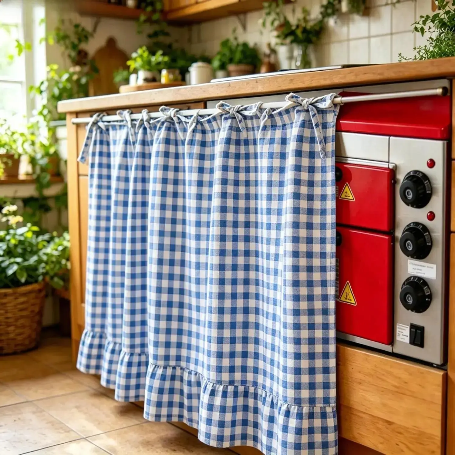 2026 Farmhouse-Style Stove Curtain, Gingham Grid Ruffle-Edge Tier Curtains, Rural Short Window Cafe Curtain, Home Kitchen Dust Cover Decor, Plaid Pattern Small Window Treatment for Cabinet Sink Decor