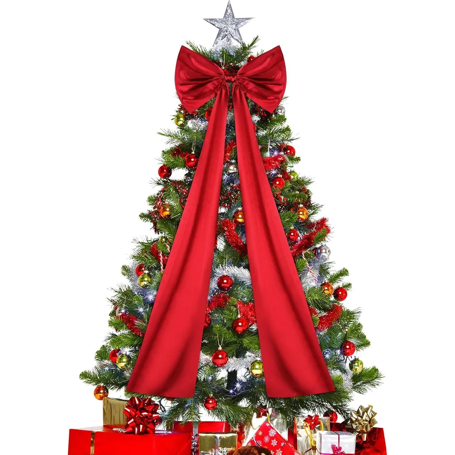 Christmas Tree Topper Bow, 23.6 x 87 Inch Giant Christmas Tree Toppers Satin Bows Christmas Decorations, Christmas Wreath Bows for  Party Wedding  Holiday Decor Supplies ( Inch Red Bow)