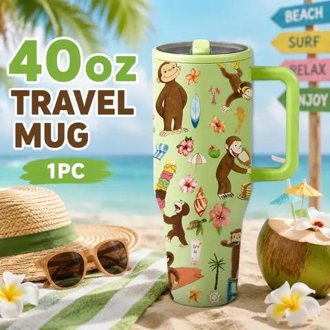 1 Pc 40oz Tropical Monkey Summer Tumbler with Handle, Thermal Tumbler, Double-Wall Vacuum Insulated Stainless Steel Travel Mug, Keeps Drinks Cold 24H & Hot 12H, Beach Theme Coffee Cup, Gift for Women & Kids