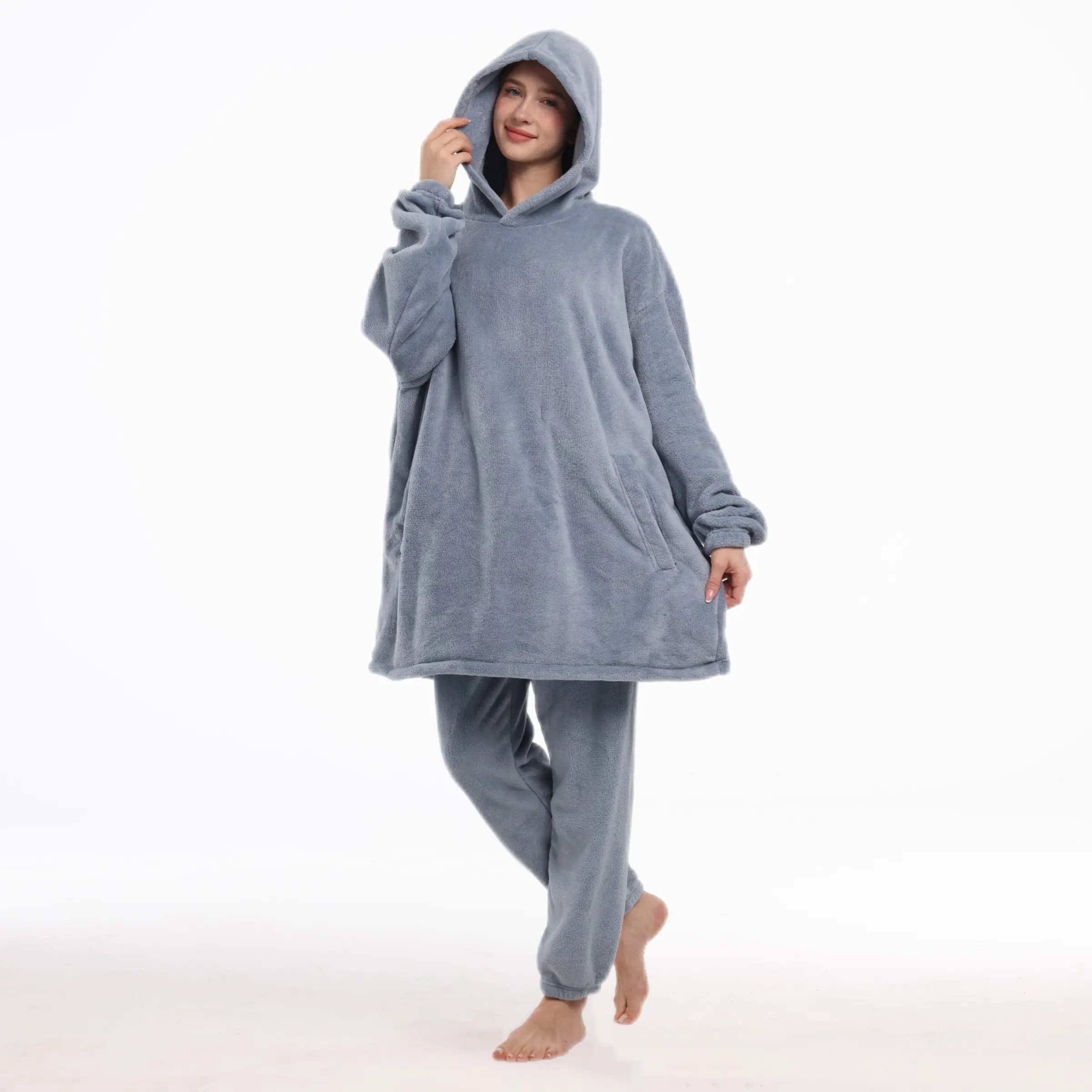 Coral Fleece Light Blue Wearable Blanket Set, Loungewear with Hat and Pants, Unisex, Fall Winter, Warm and Soft