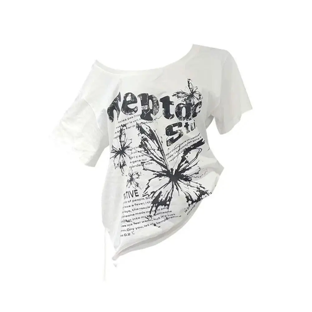 White Y2k Vintage Oversize Off shoulder Short sleeve T shirt With Print Women Casual Graphic Summer Top Butterfly Tees