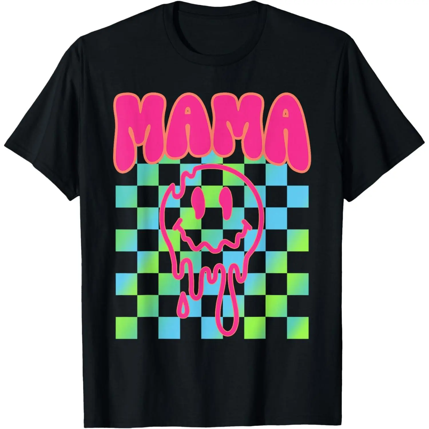 Women's Cropped Retro Vintage Fashion Short-Sleeve Fitted T-Shirt - Heavyweight Acid Wash Cotton, Checkered Mama Digital Print, Collar, Knot Detail, Comfortable Breathable Athletic Top for Valentines Day, Thanksgiving (Pairs with Skirts, Jeans, Denim)