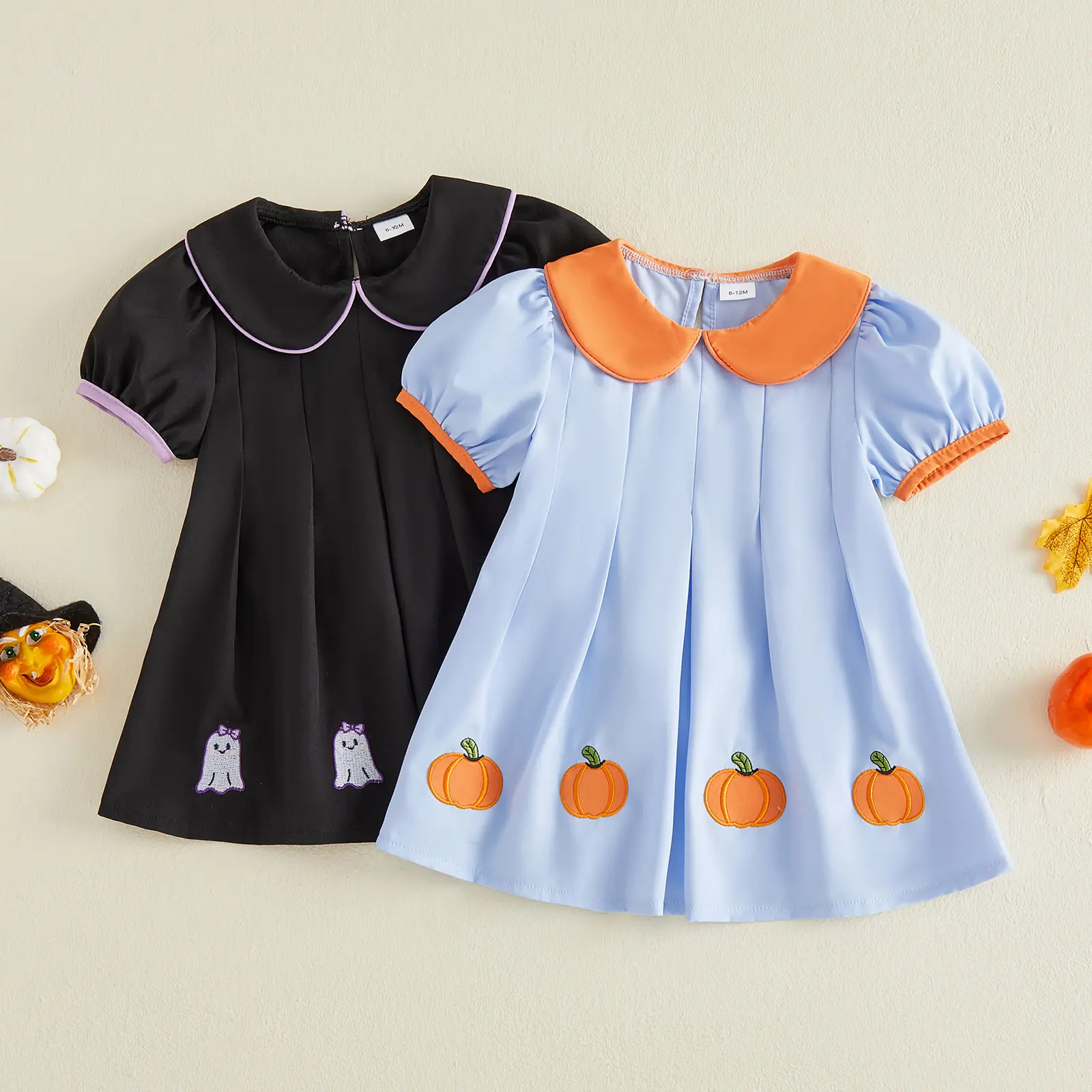 Babamoon Polyester Collared Puffy Sleeve Toddler Baby Girls Halloween A-Line Dress with Ghost/Pumpkin Embroidery, Puffy Sleeves