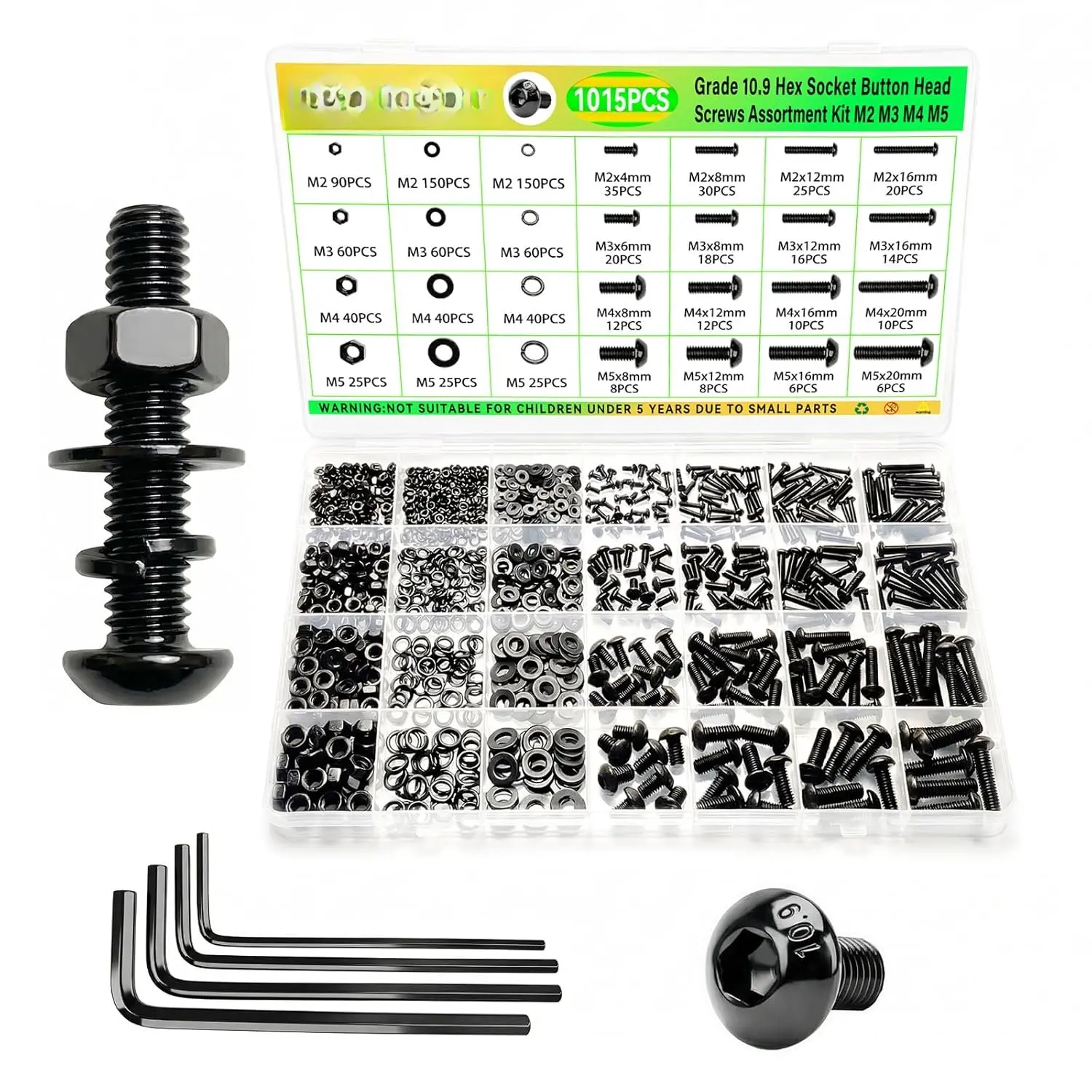1015 count Metric Machine Screws  Kit - M2 M3 M4 M5 Grade 10.9 Alloy Steel Hex Socket Button  Screw Set with Nuts and , Lock & Flat Washers for DIY,  Printer, Machinery
