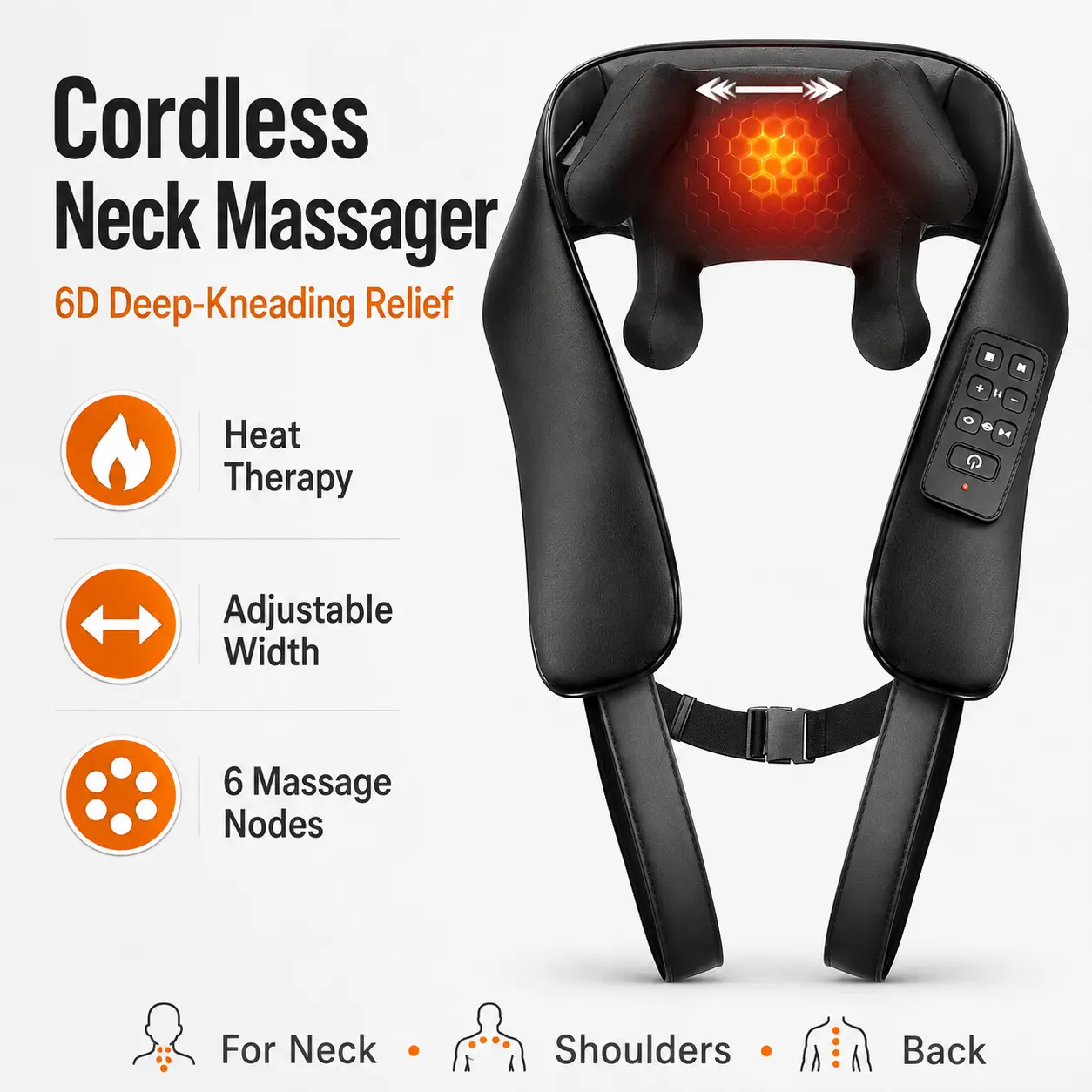 Cordless 6D Neck and Shoulder Massager with Heat, 6 Deep-Kneading Massage Nodes and Adjustable Width, Ergonomic Back and Trapezius Massager for Broader Body Types, Home, Office and Travel Use