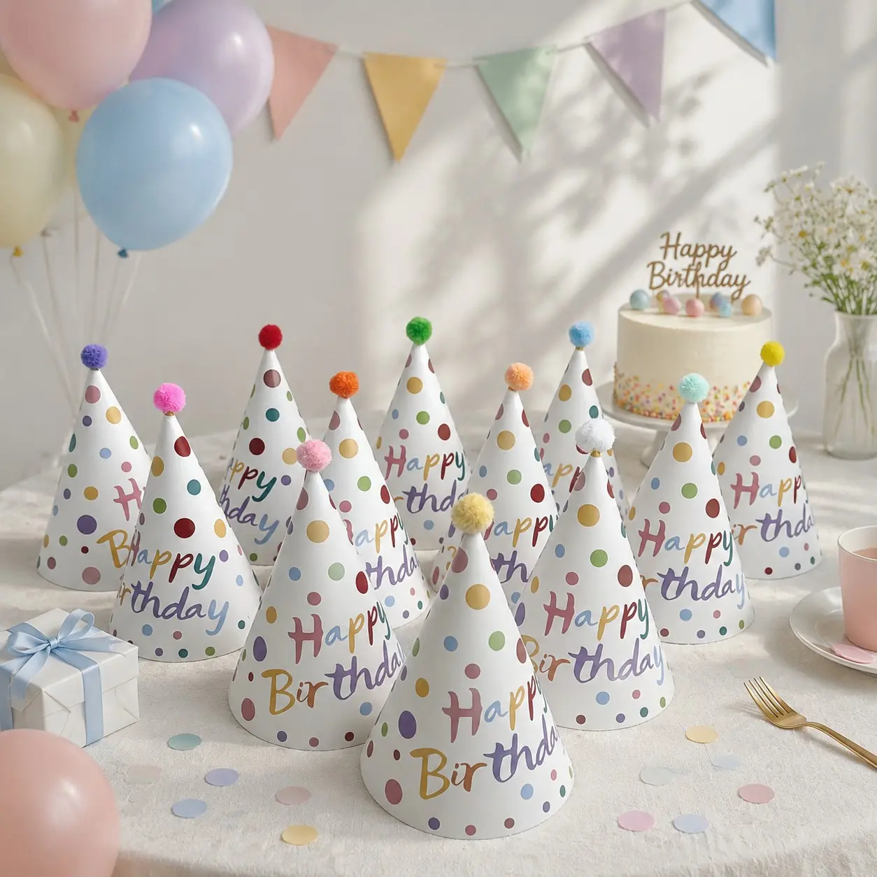 12 Set Mixed Color Polka Dot Birthday Hats with Pom Poms, Happy Birthday Cone Party Hats for Kids Adults, Birthday Decorations Party Supplies Photo Booth Props Favors Party Accessory