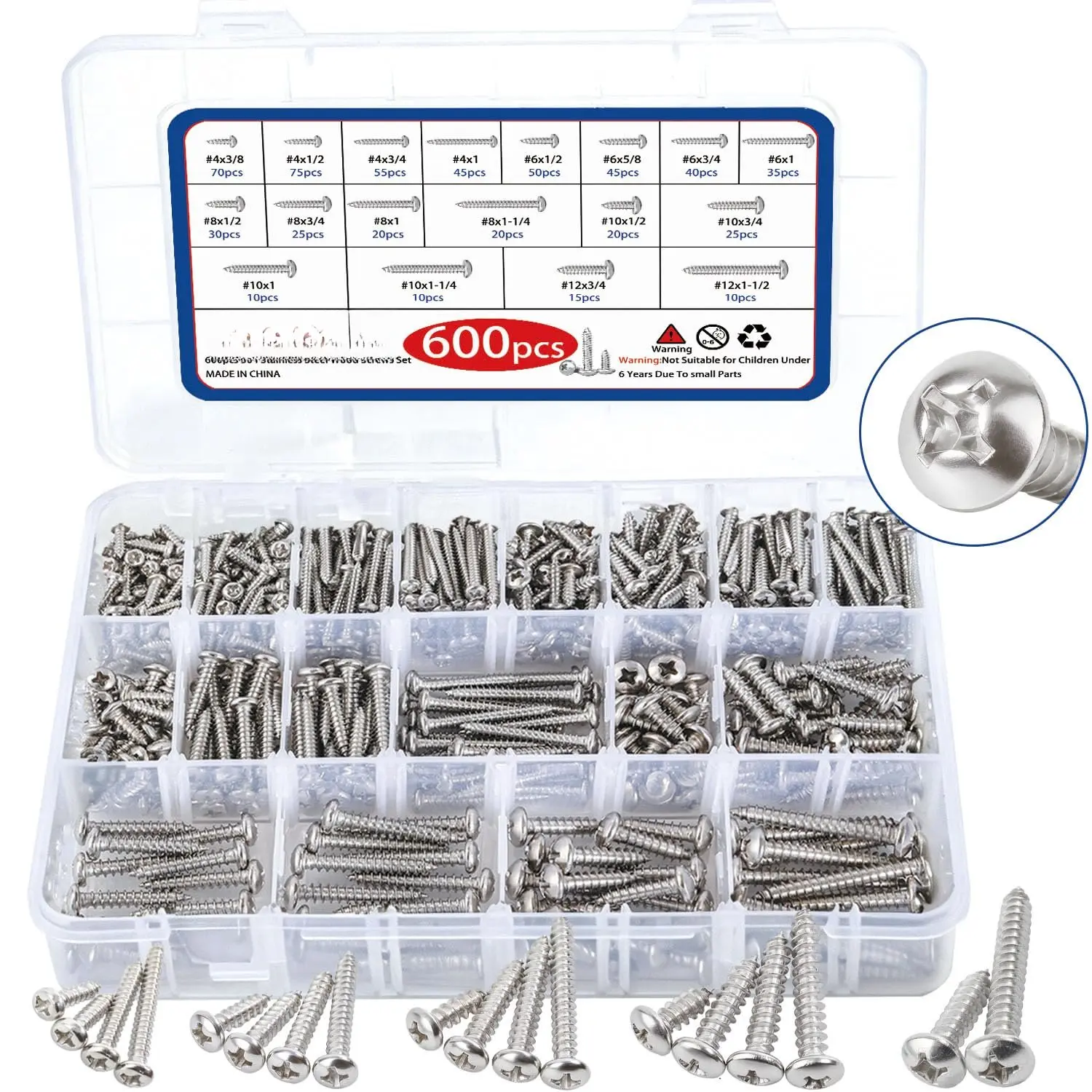 600 count 304 Stainless Steel  Screws  Kit,  Sheet Metal Screws #4/#6/#8/#10/#12 Phillips Pan  Self-Tapping Screws Set,   Screws, Length 3/8" to 1-1/2" ()