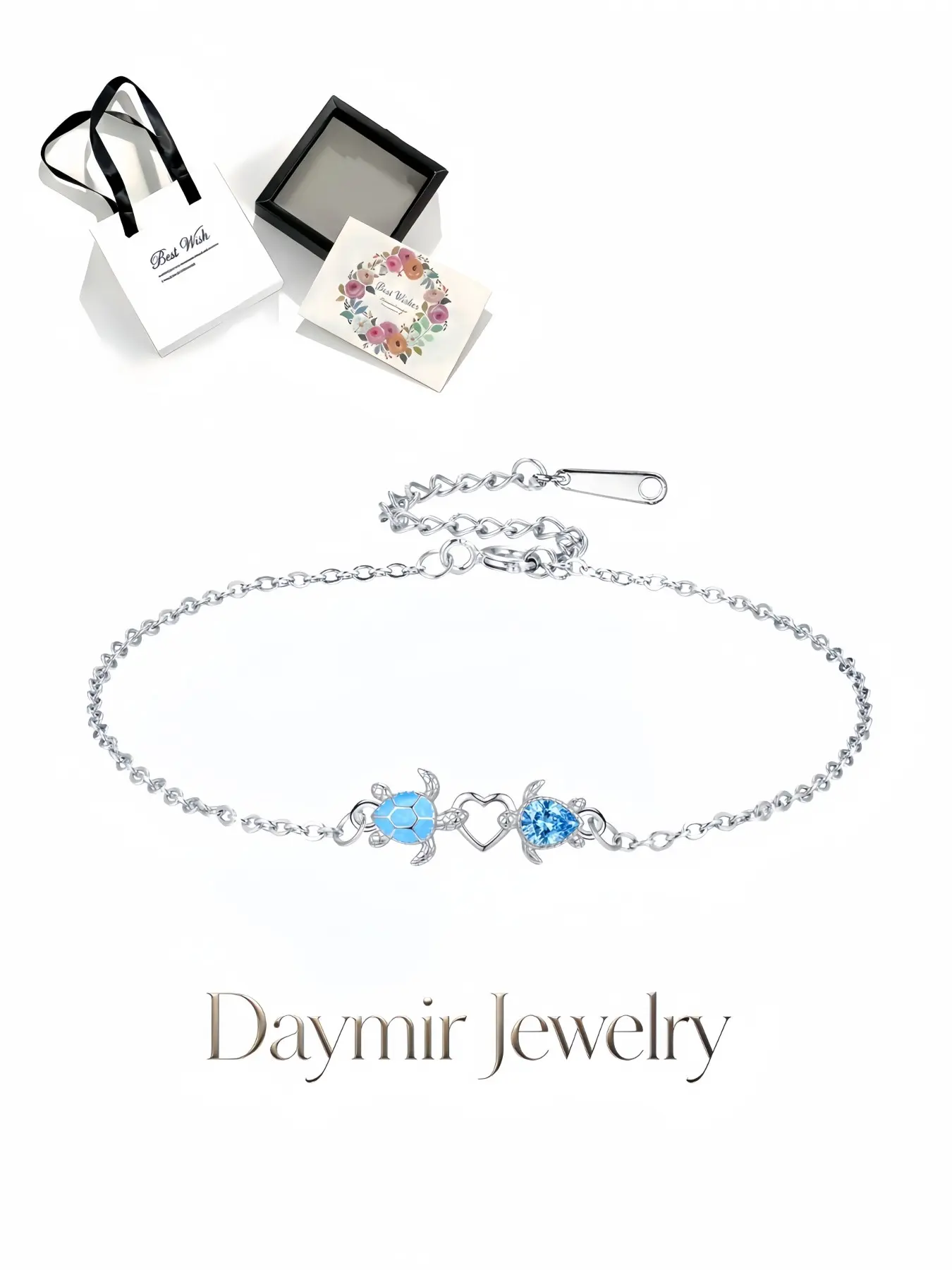 Twin Turtle Heart Ocean Bracelet, adjustable thin chain adorned with blue zircon turtles symbolizing longevity. Paired with an elegant drawer jewelry box, perfect women’s gifts for birthdays, Mother’s Day, Valentine’s Day, Christmas and anniversaries.