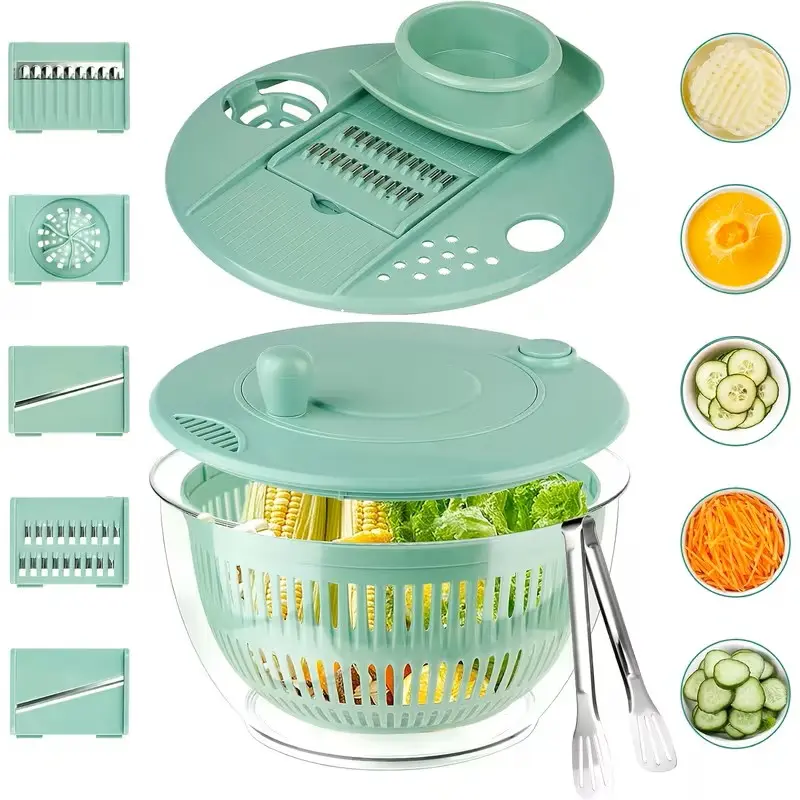 Salad Spinner Large, 3 IN 1 Vegetable and Fruit Washing Bowl with Strainer, Lettuce Spinner with 5 Blades Slicer, Egg Yolk Strainer, Salad Bowl for Efficient Salad Preparation, 5.3 Qt Kitchen Gadgets Set, Vegetable Cutter
