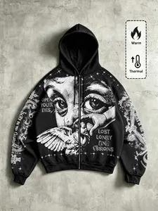 Vintage Angel Eye Pattern Hooded Zipper Oversized Sweatshirt, Men's Warm Hoodie Jacket, Y2K Gothic Streetwear, Full Print Sports Sweatshirt