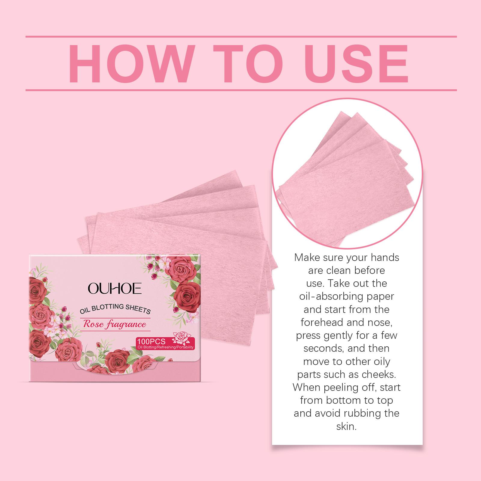 OUHOE Oil Blotting Sheets (Rose), Cellulose & Kaolin Dual Oil Control, Rose Flower Extract Beauty Care + Vitamin E Antioxidant, Brightens Skin, Makeup-Friendly No Powder Removal, Soft for Oily Skin