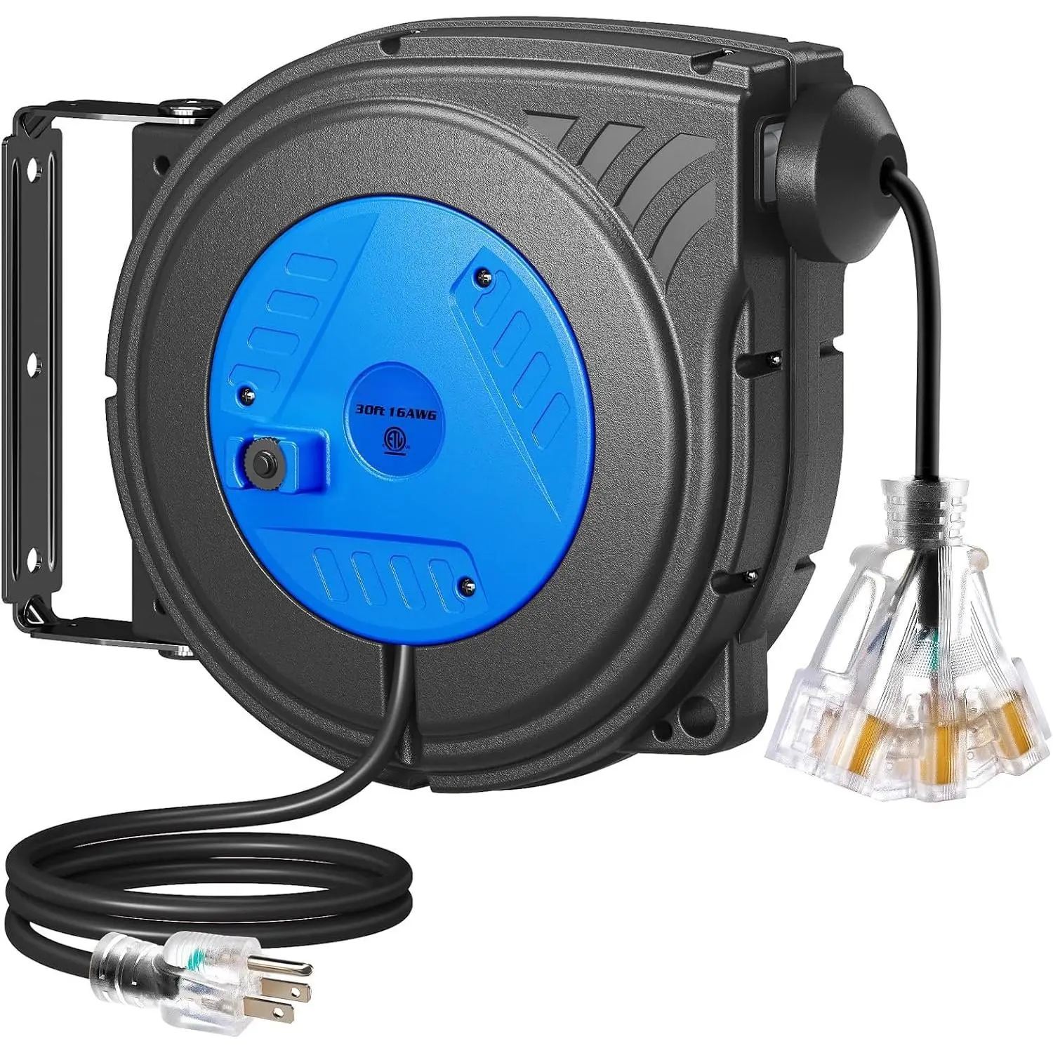 30FT Retractable Extension Cord Reel, 16AWG, ETL Listed, Blue | 16 AWG SJTW Power Cord, Lighted Triple Outlets, 10A Circuit Breaker, Wall or Ceiling Mount for Garage, Workshop, ETL Listed