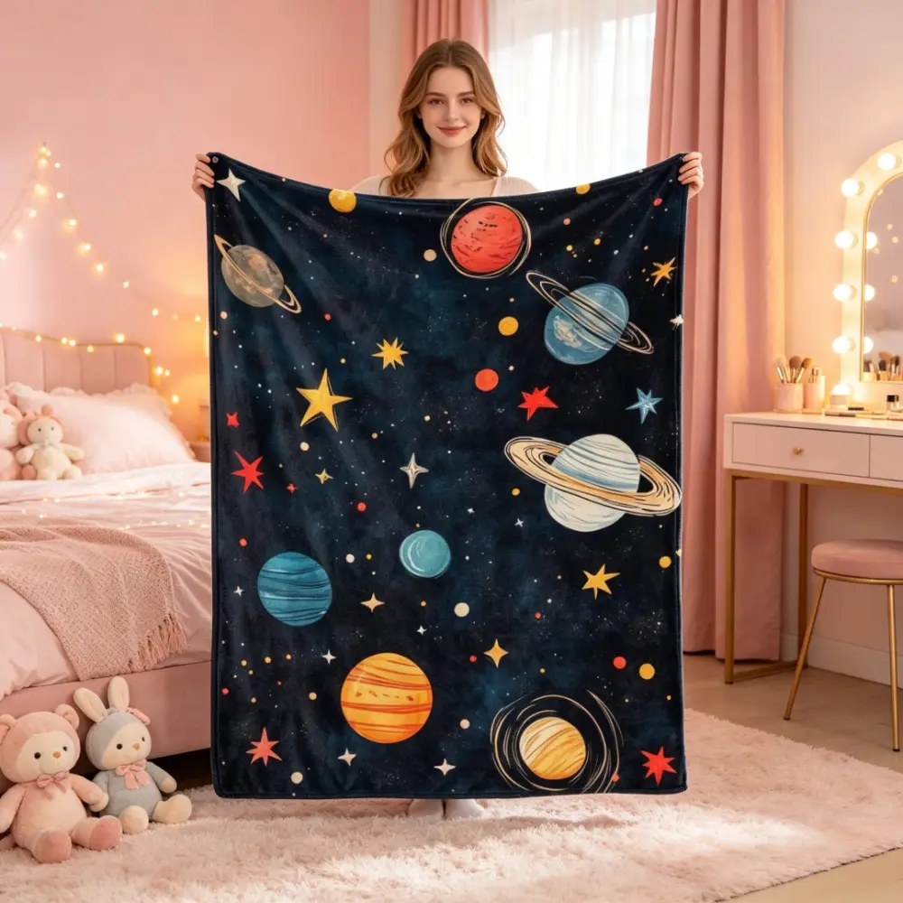 Vintage Outer Space Planet Print Flannel Throw Blanket, Dark Galaxy Starry Sky Blanket with Saturn & Colorful Planets, Soft Warm Lightweight Space Themed Decor Blanket, Bedroom Sofa Bedding, Unique Birthday Holiday Gift for Space Lovers Kids and Adults