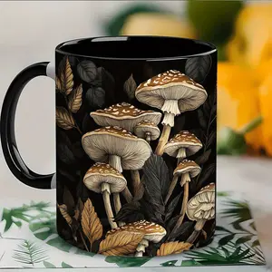 11Oz Black Ceramic Cup Featuring a Colorful Mushroom Pattern - Great for Coffee, Tea, Milk, And More - an Excellent Present for Valentine'S Day, Easter, And Birthdays - a Stylish Office Mug