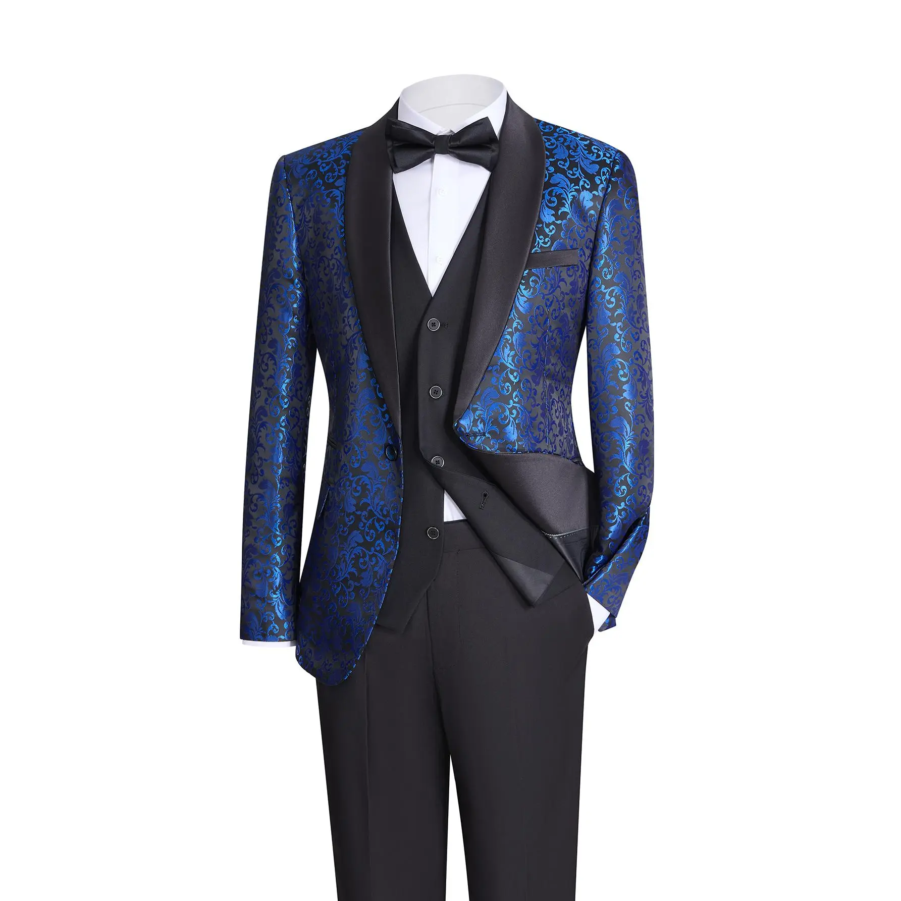 Men’s 3-Piece Classic Chic Polyester Paisley Tuxedo Suit Set - Jacquard Shawl Lapel Long Sleeve Blazer, Matching Black Vest & Pants, Formal Clothes Dress for Wedding, Prom, Evening