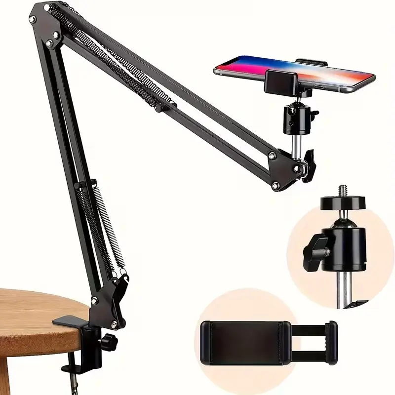 Adjustable Metal Vlog Stand with Phone Holder, Flexible Hinged Arm for Desktop and Overhead Shooting, Ideal for Live Streaming and Photography, Phone Camera Holder