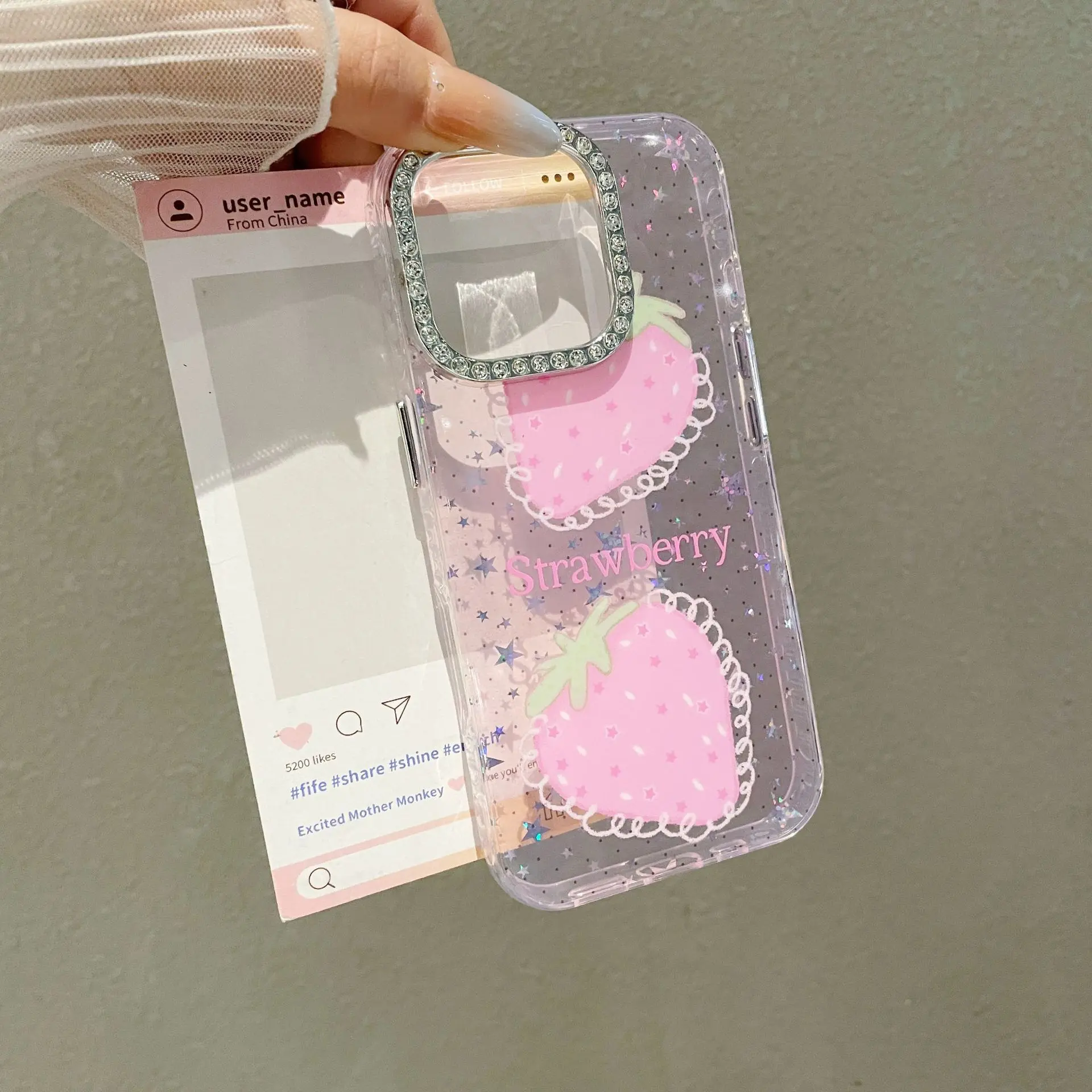 Compatible with iPhone 17 Pro Max/16 Pro/15/14 | Full Rhinestone Star Strawberry Large Camera Cutout Full Wrap Shockproof Phone Case HNZ0235