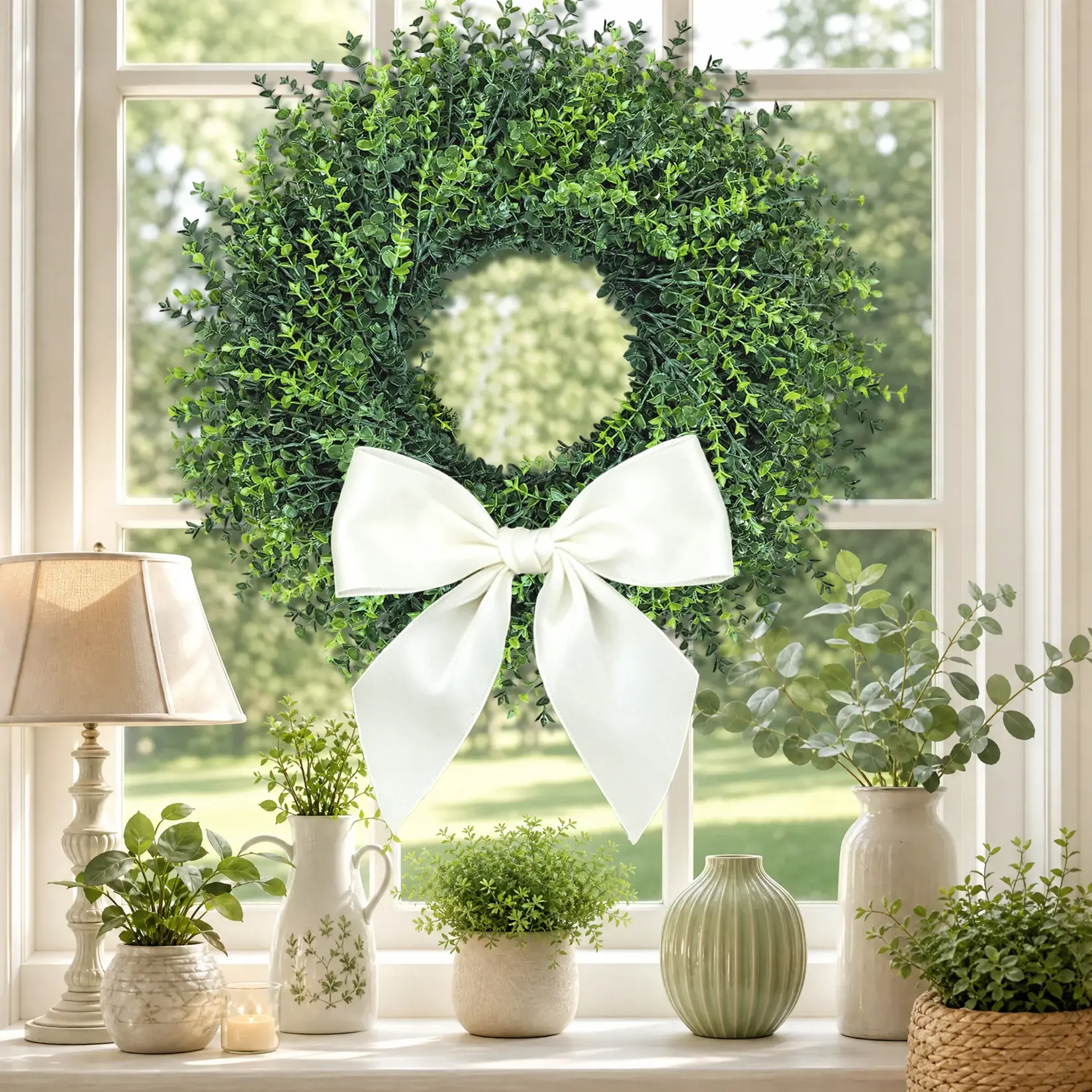 20 inch Minimalist Artificial Boxwood Wreath with Detachable Bow - Lifelike Greenery, Eucalyptus Summer Design, All Seasons Outdoors Home Wedding Decoration - Festive Home Supplies Wreath