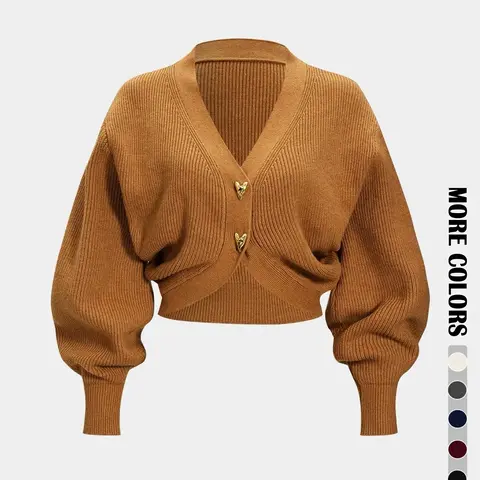 Women's Knit Cropped Cardigan, Deep V-Neck with Cinched Waist, Gold Buttons, Elegant Fall & Winter Sweater Knitwear