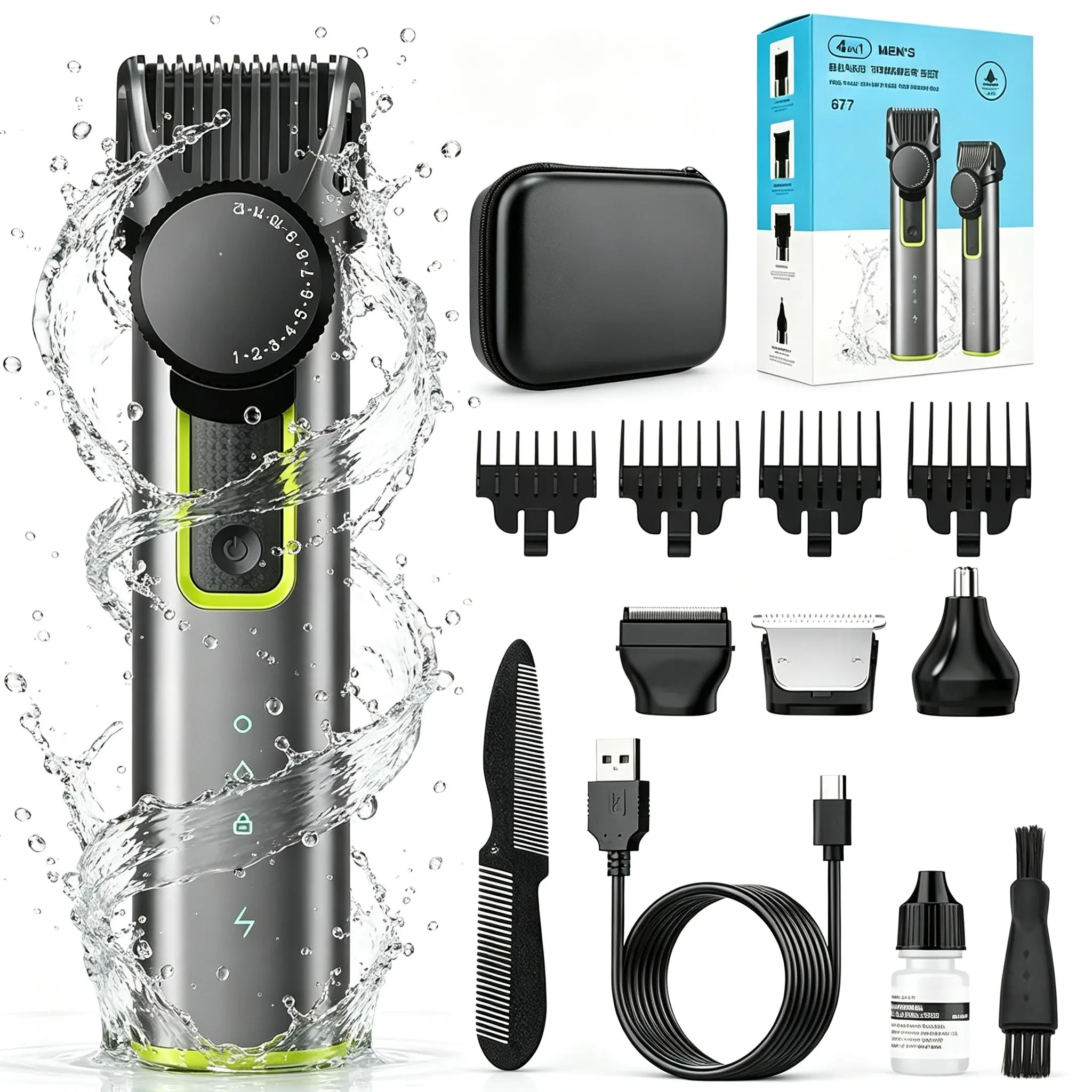 Portable 4-In-1 Men’s Grooming Kit, Adjustable Hair Clipper, Rechargeable Shaver, Ipx5 Trimmer, Ideal Gift for Husbands, Fathers