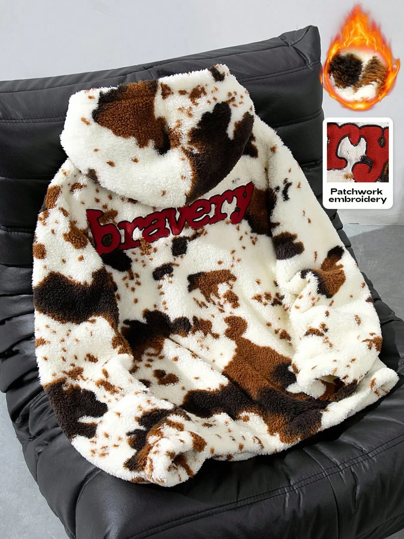 Cow Print 'brave' Letter Patchwork Hoodie, Thick Sheepskin Lining, Anti-Wrinkle Fabric, Y2K Street Style, Fall Winter Casual Wear