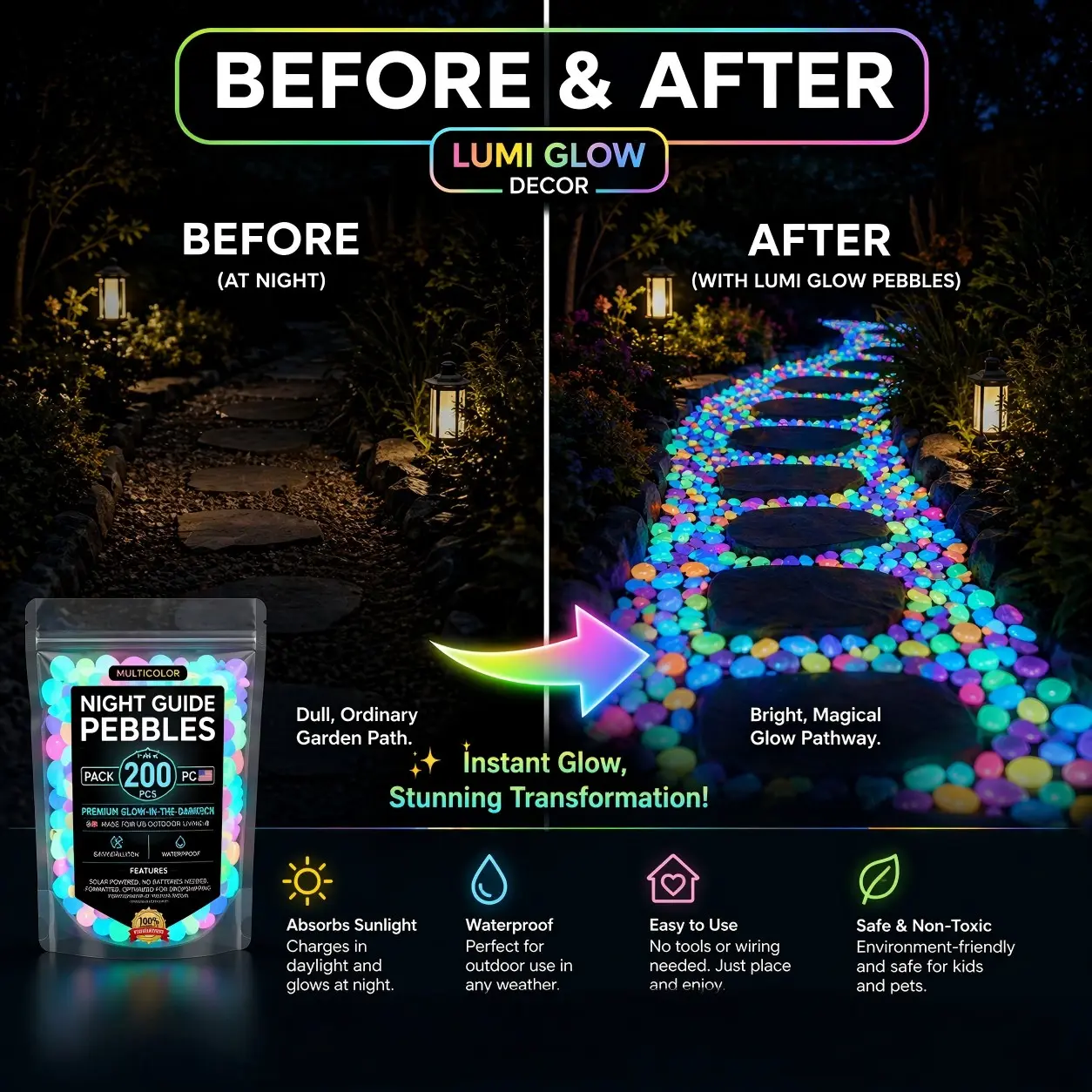 Glow in The Dark Garden Stones, Luminous Pebble Outdoor Decor for Yard & Pathway