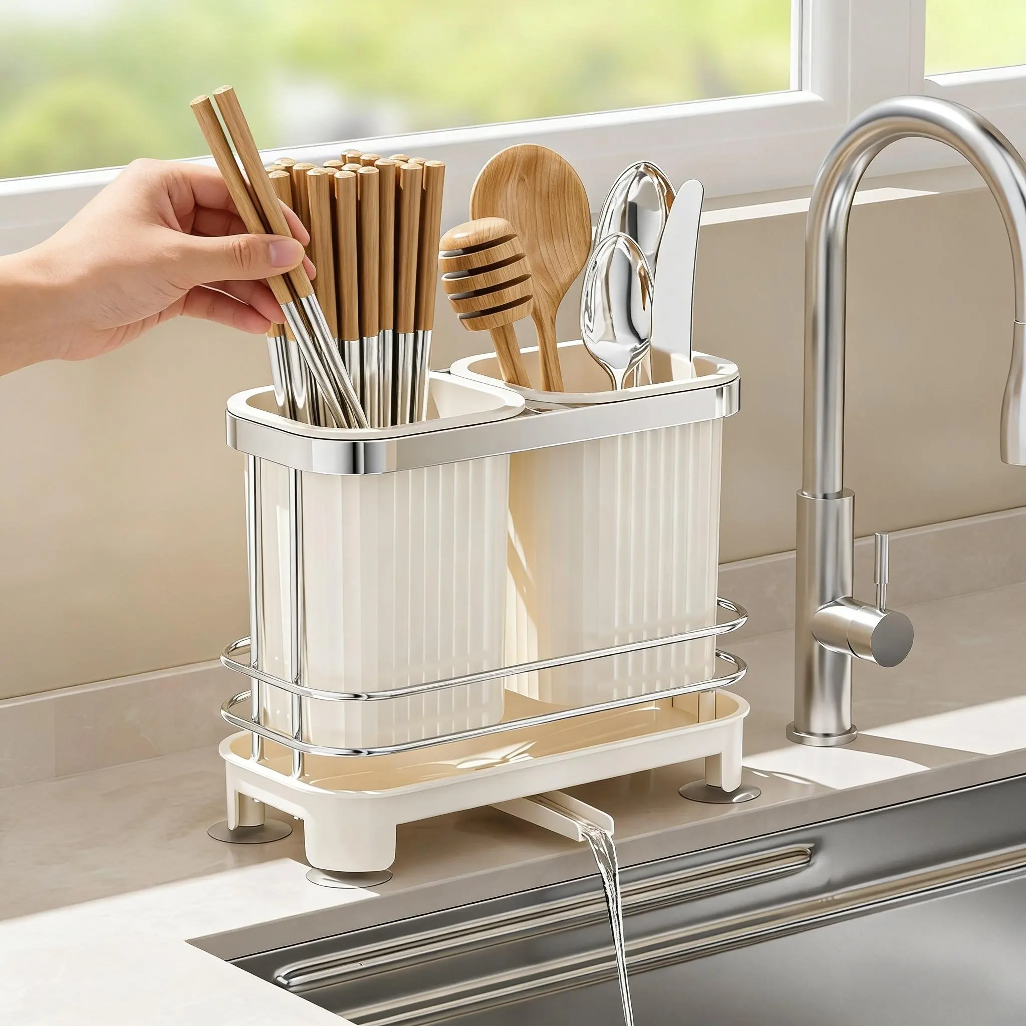 Kitchen Utensil Holder Cutlery Drainer, Self-Draining Chopstick Cage Spoon Storage Organizer, Countertop Silverware Tray for Home Kitchen